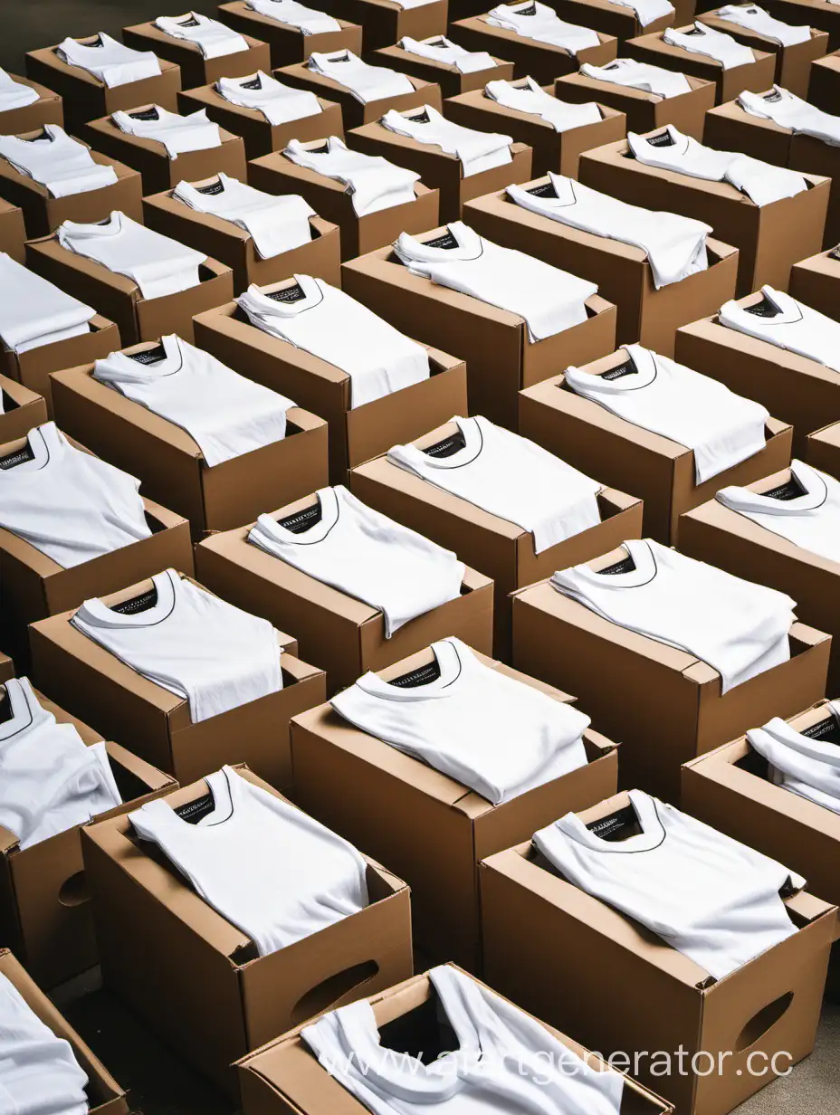 A bunch of boxes with white T-shirts in them