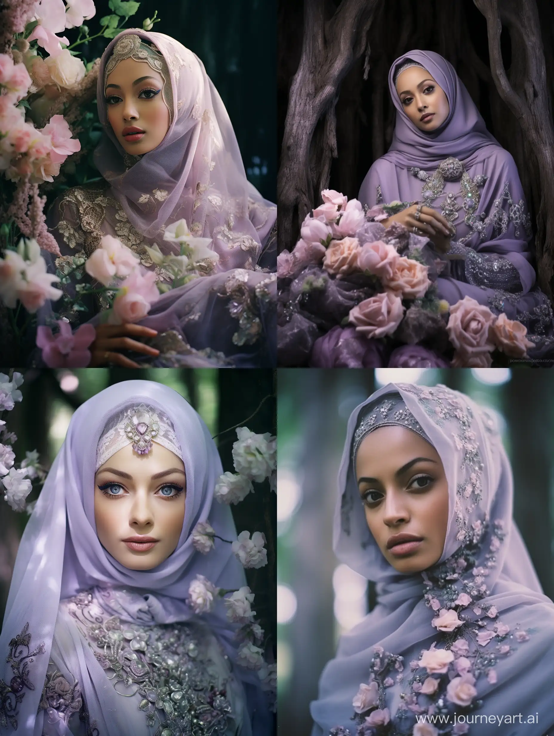 Create a Mystical portrait series set in an enchanted forest. The medium should involve ethereal shots captured on Mystic Aura film. The main subject is a 26-year-old individual expressing an enchanting emotion wearing hijab, with lavender eyes. The photos should capture the subject communicating with magical creatures, dressed in flowing robes with pastel shades. The accessories include a crystal tiara and elfin ear cuffs. Ensure that the lighting includes a soft glow from bioluminescent plants. –ar 3:4 –v 5.0
