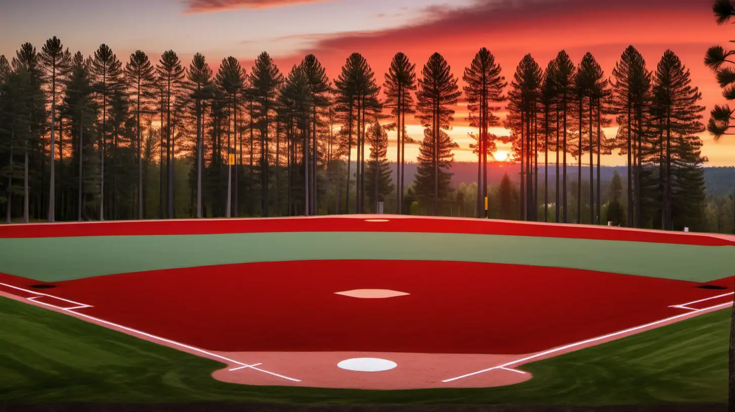 turf baseball field, red turf pitchers mound, tall pine trees surround, sunset, country setting