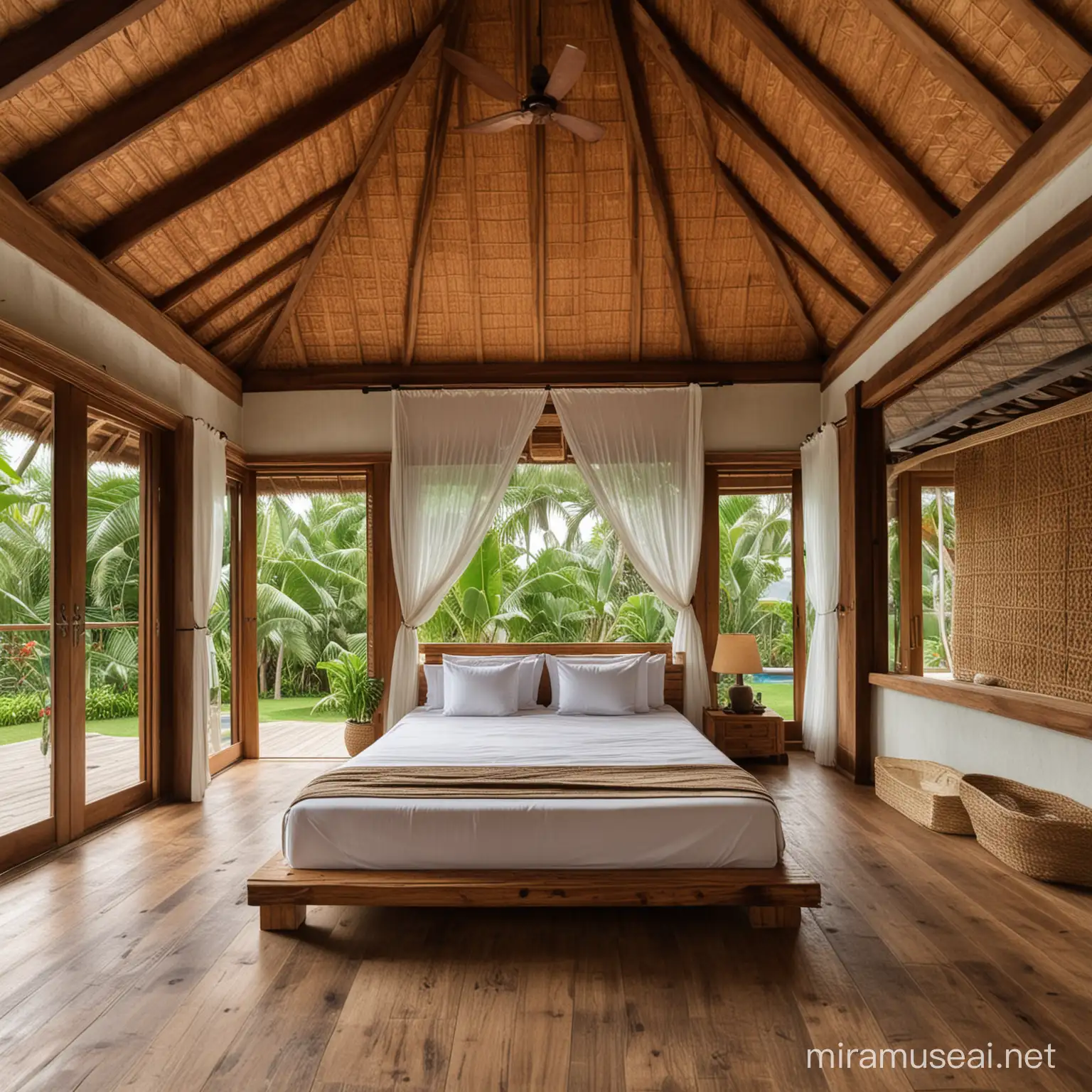 Bali style empty bedroom without bed and other furniture, wood roof.