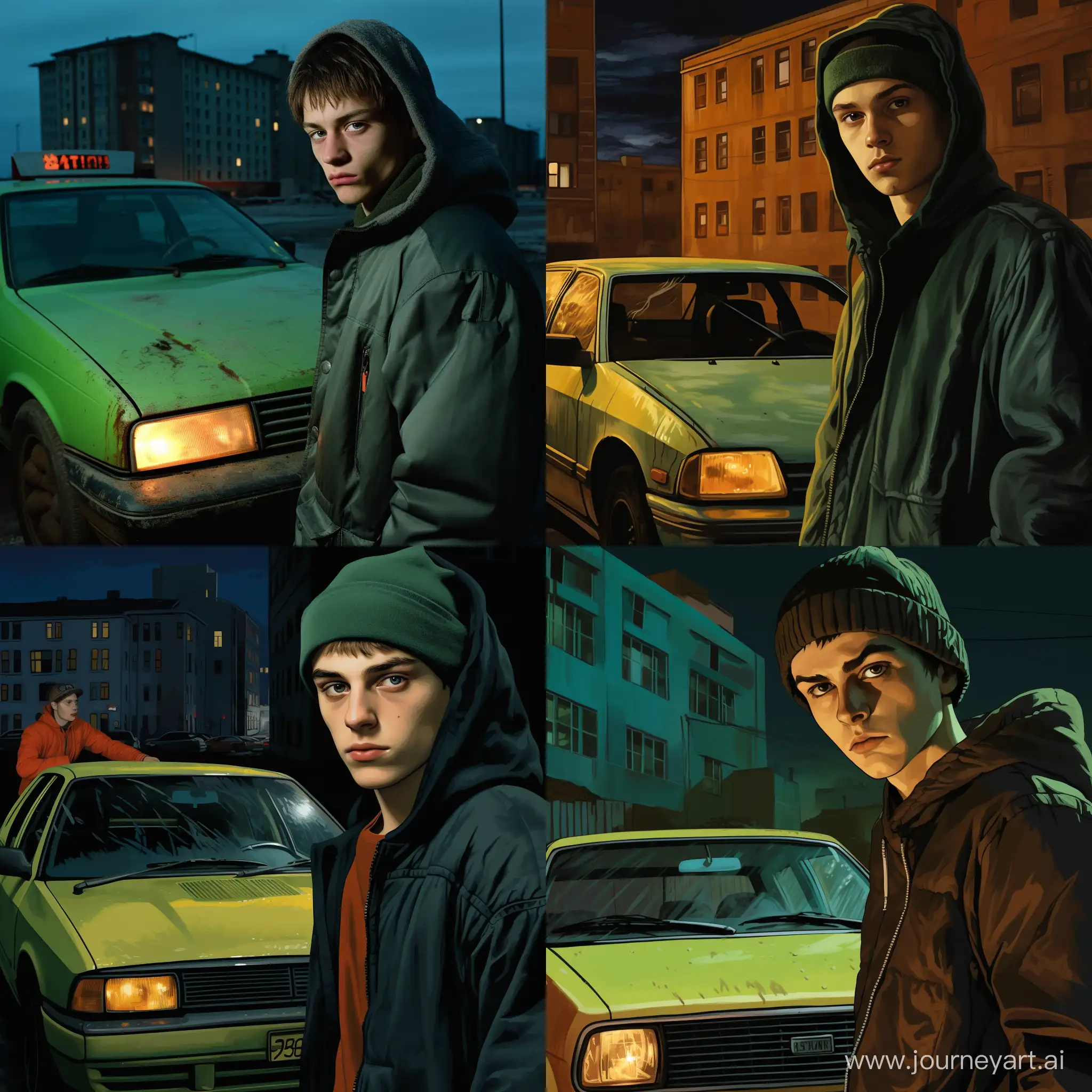 A gay teenager weared in green hoodie is standing next to his old 2003 used liftback sedan in a black-green colour. The yellow halogen headlights of this sedan shine brightly. The action takes place on a dark street in a eastern european city in prefab dirty post soviet 16 storey building