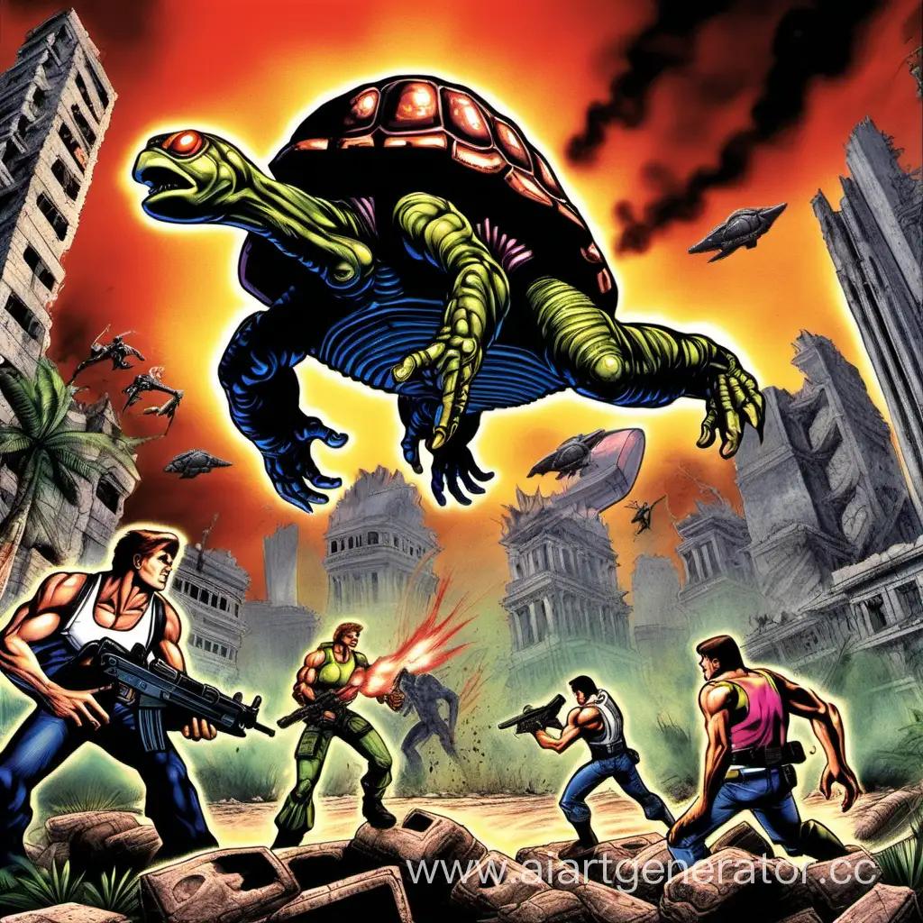 
Contra: The Alien Wars.
Билл и Лэнс сражаются и стреляют в огромную мутированную черепаху с мутированным большим панцирем.
На фоне руины города.