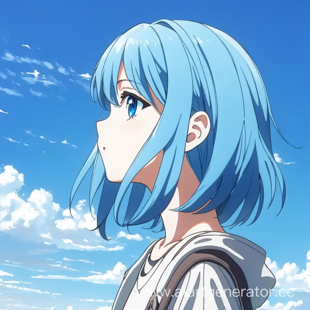 Девушка смотрящая в сторону с голубыми волосами на фоне с небом аниме