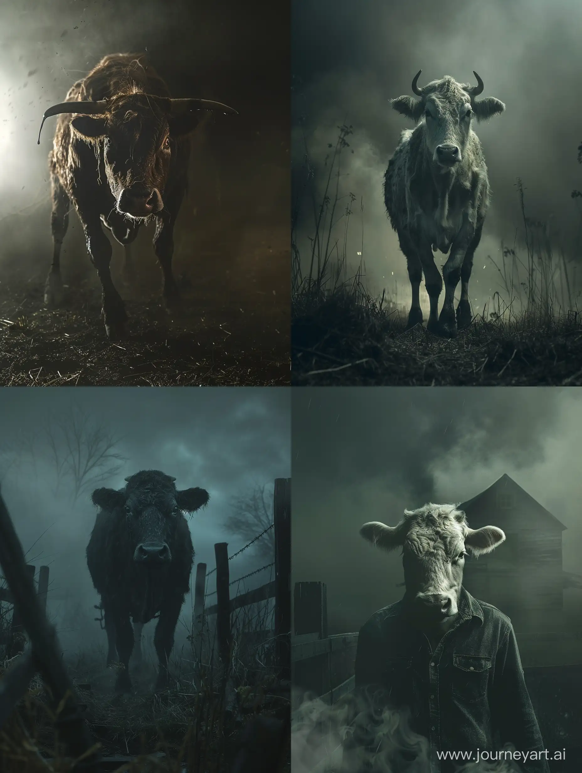 photography, realistic, full body, strange creature with the head of a cow, dark, chaos, very scary farm, mist,