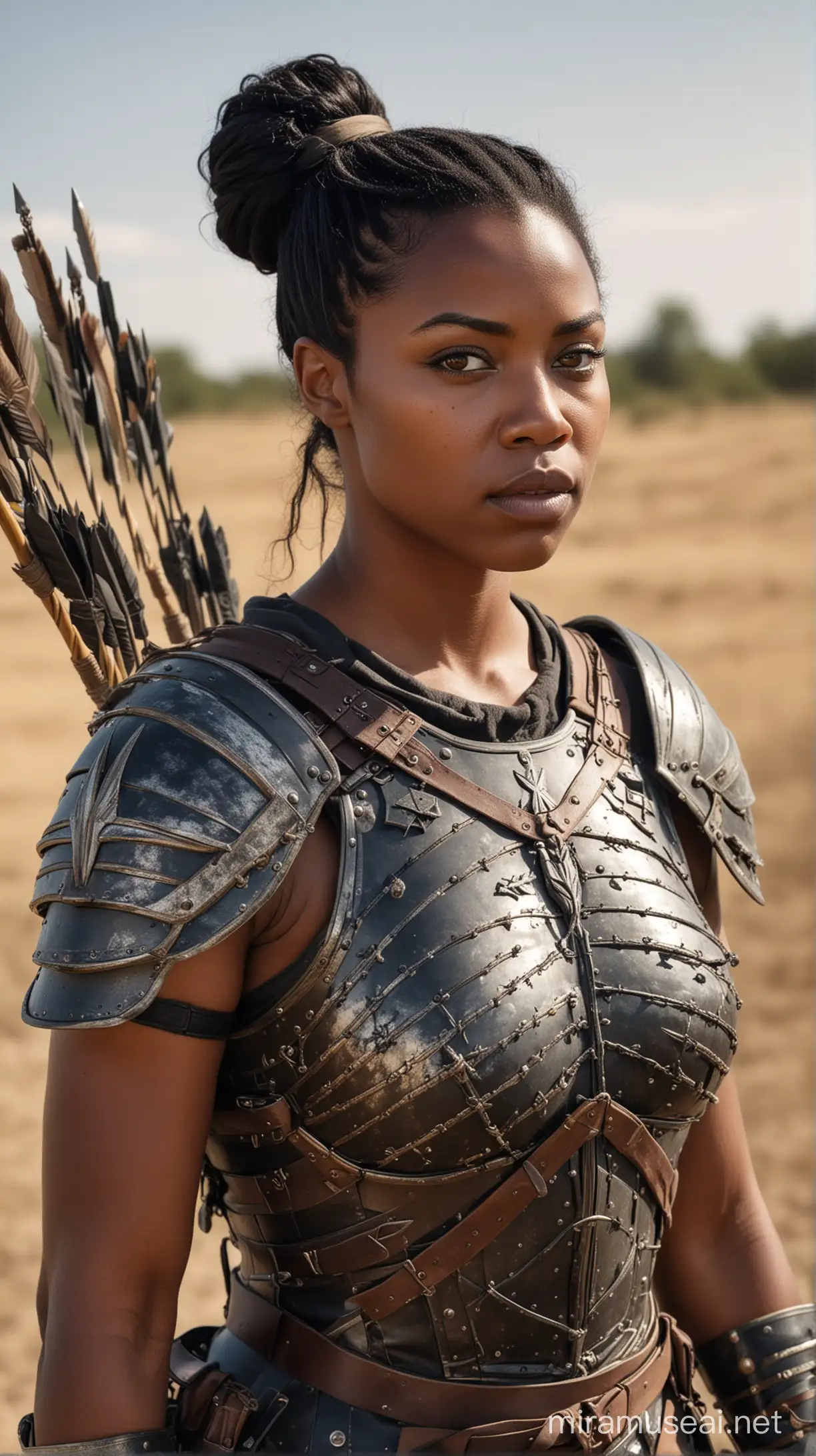 A 43 year old fat black woman with small eyes, wide lips, weak chin, small nose and long straight black hair with a bun at back wearing a heavy war armour, a quiver of arrows strapped on back, holding a bow and standing in a battlefield 