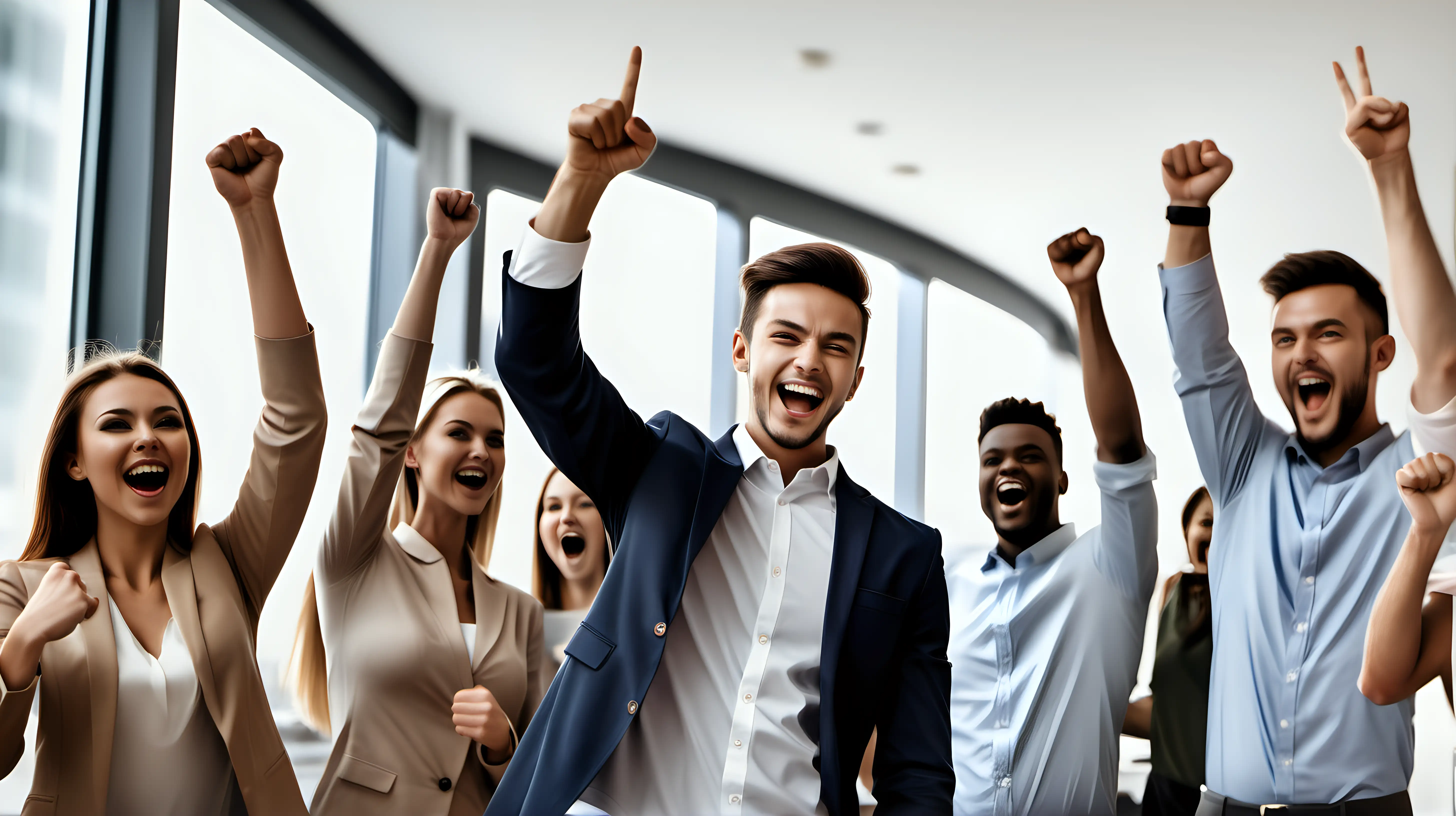 A young entrepreneur pumping his fist in the air and flashing a victory sign, surrounded by cheering colleagues after hitting a sales target.