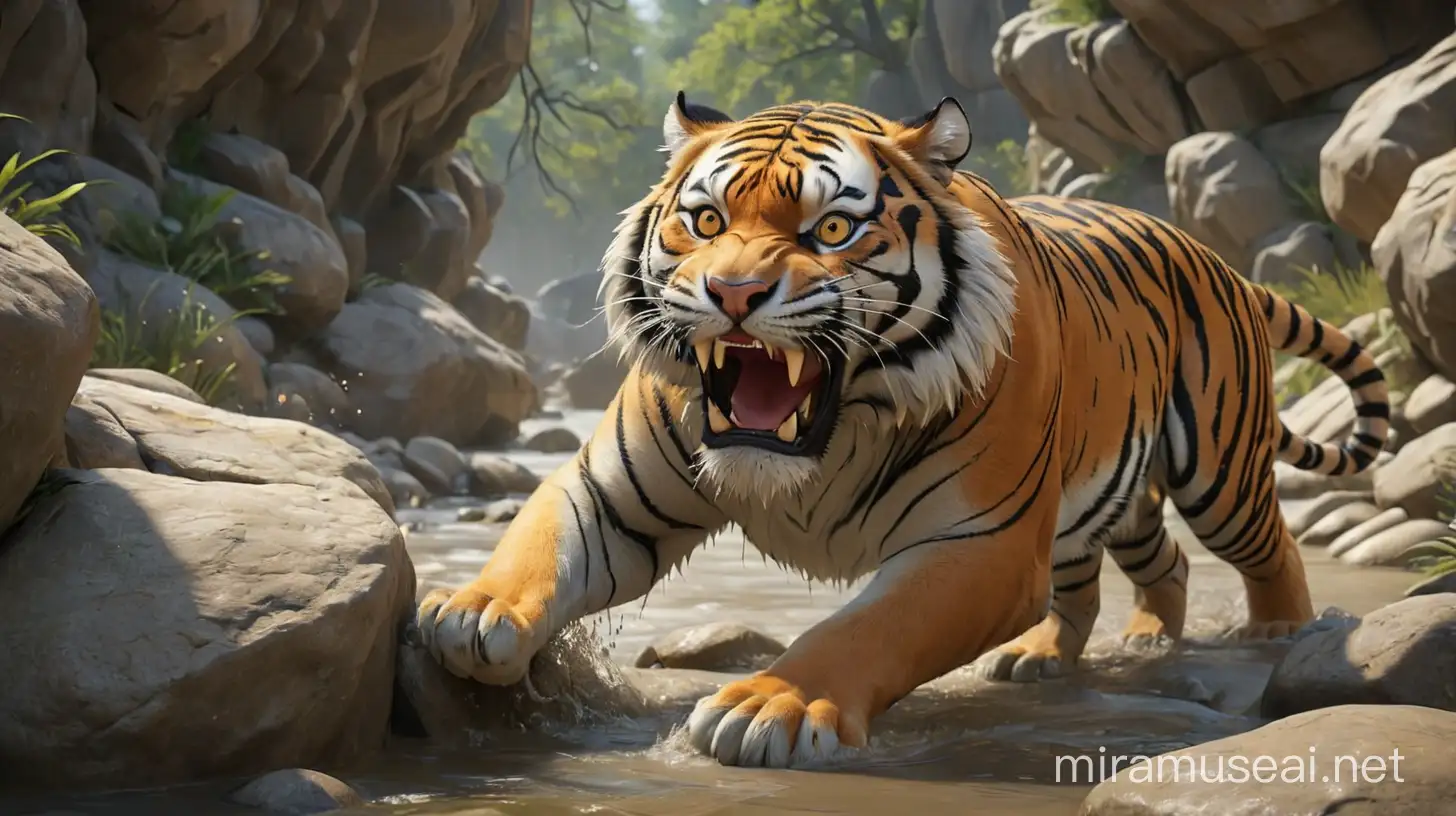 /imagine prompt: 3D, personality:  The tiger should be shown trying to escape with a mix of relief and aggression. The setting should show the rocks moving and the tiger getting released. unreal engine, hyper real --q 2 --v 5.2 --ar 16:9