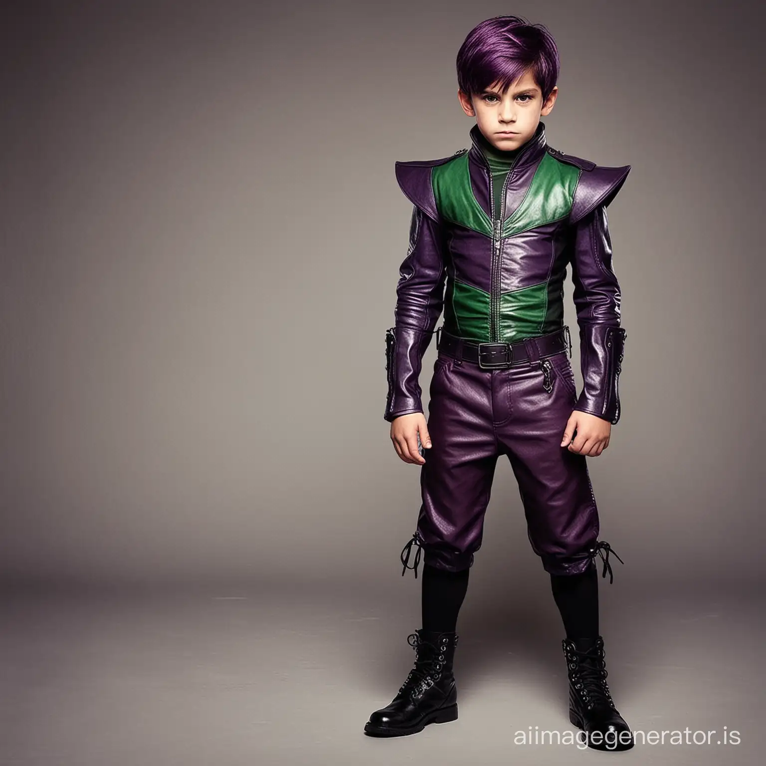 Create a villain outfit for a strong 8 year old boy villain with abs, cool, wicked, leather, shorts, comfortable yet intimidating, various shades of purple with hints of both green and red, both red and green should be included in every outfit but purple should be the main color