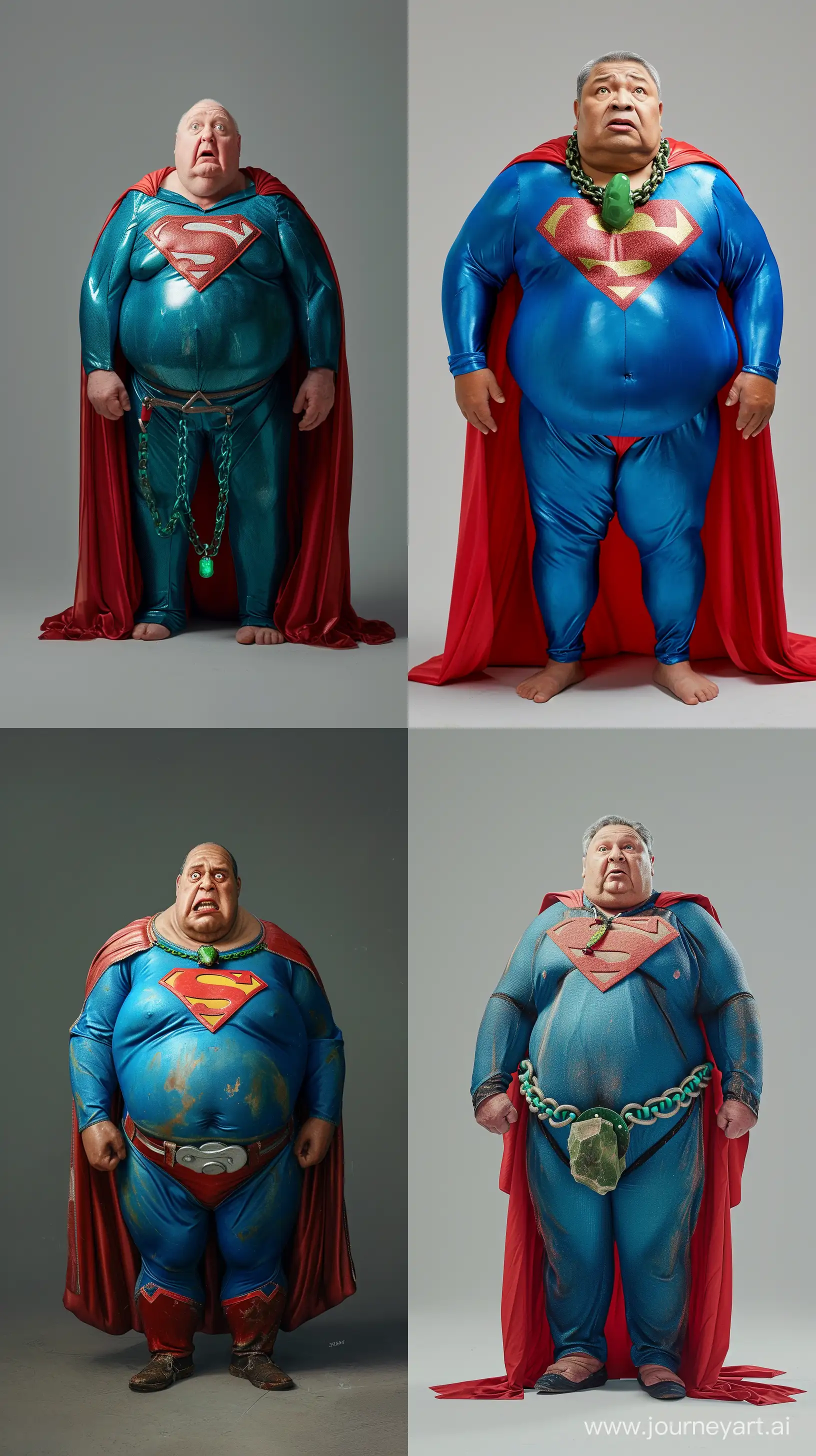 Full body photo of a chubby man aged 70. He look afraid. He is wearing a clean slightly shiny bright blue superman costume with a big red cape. He wears on his neck a heavy shiny green chain necklace with a small green rock. --style raw --ar 9:16 --v 6