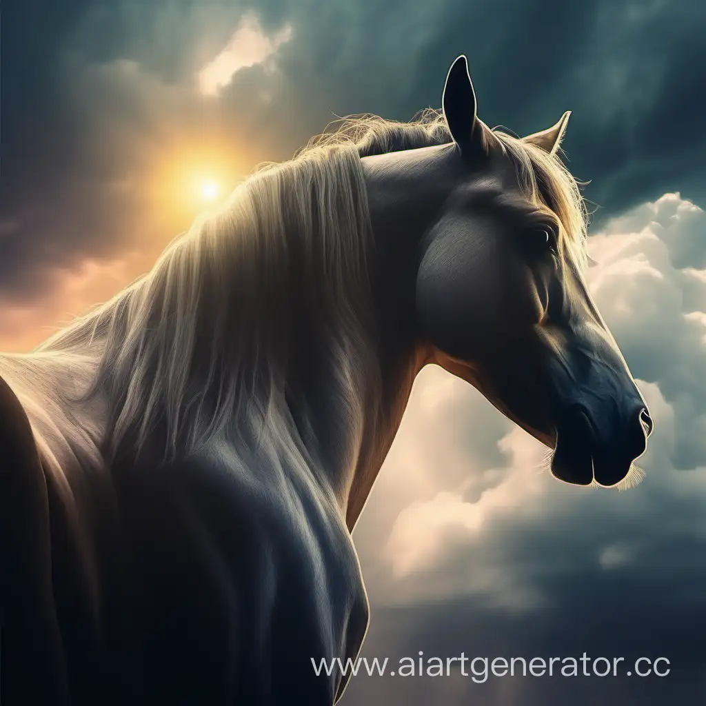 portrait of a horse, curved neck, the horse sadly looks down, clouds in the sky, a glimpse of the sun in the clouds, face down, colorful drawing, cinematic lighting
