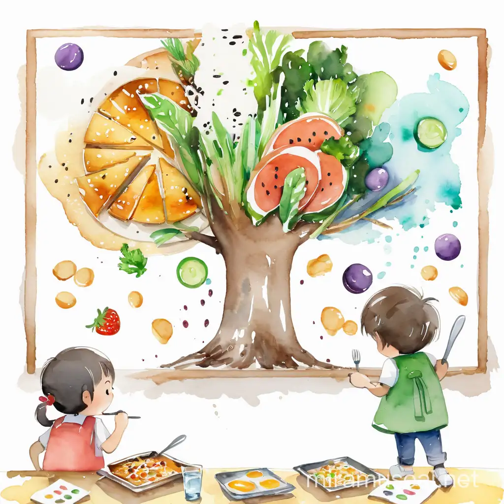 2 kids play restaurant game and ordering food, white background, water coloring painting style, no shiny colors.