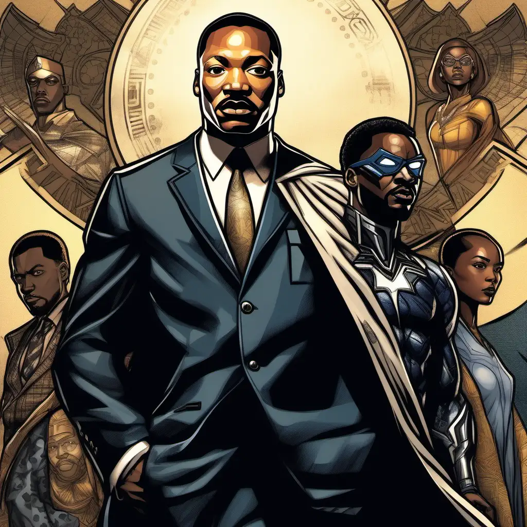 User an empowering depiction of Martin Luther King reimagined as a super hero, in Wakanda standing beside Malcolm X stylized as Black Panther exuding strength, resilience, and heroism. Craft a portrayal that celebrates diversity and inclusivity while respecting the iconic essence of a Super hero. Focus on showcasing his powerful stature and determination, capturing his heroic presence with a nod to African American culture and identity. Consider incorporating symbols or elements that honor the rich heritage while portraying Superman as a beacon of hope and inspiration for all.