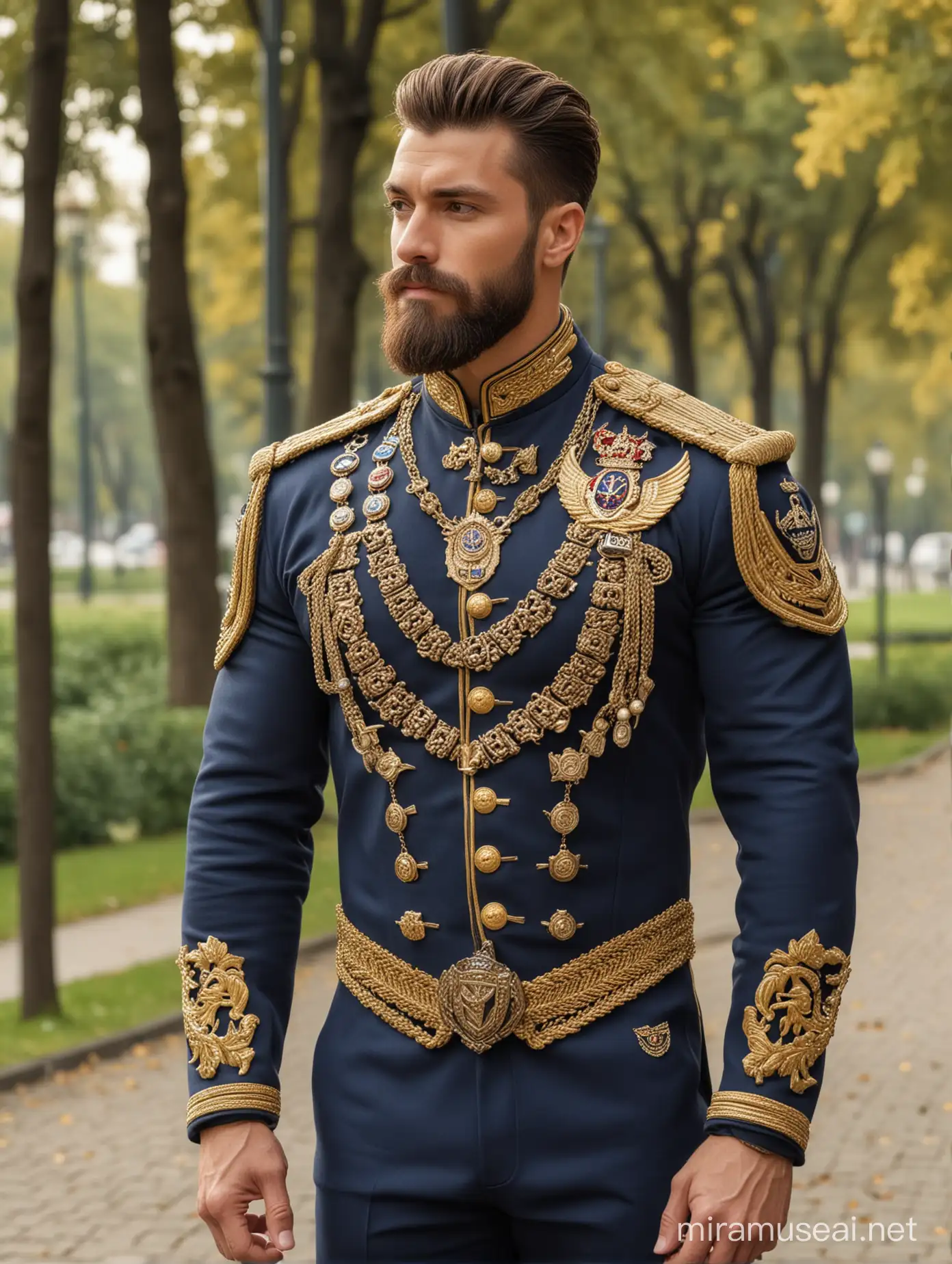 Tall and handsome bodybuilder king with beautiful hairstyle and beard with attractive eyes and broad shoulder and chest in navy and golden cavalry suit with necklace and badges walking on park