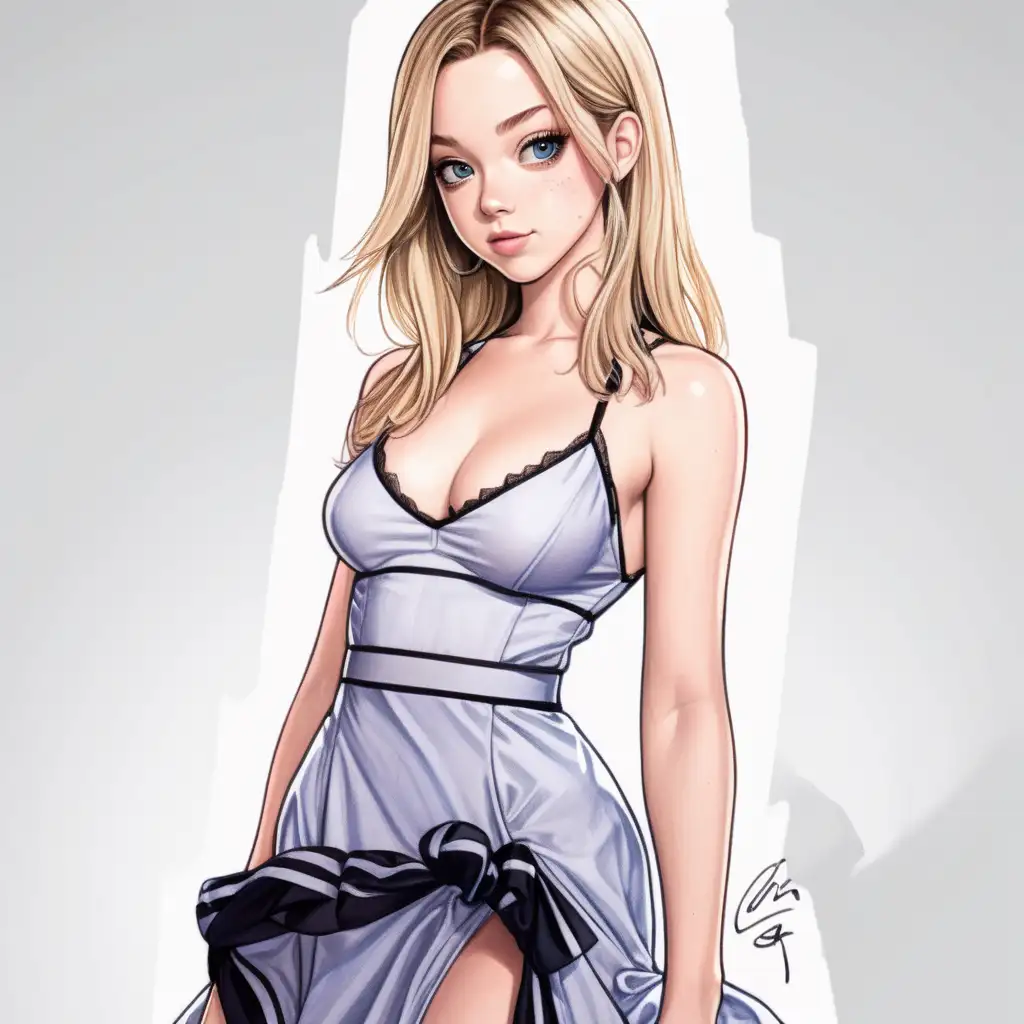 sydney sweeney as a manga cartoon with a sexy dress. Full body picture and looking very hot
