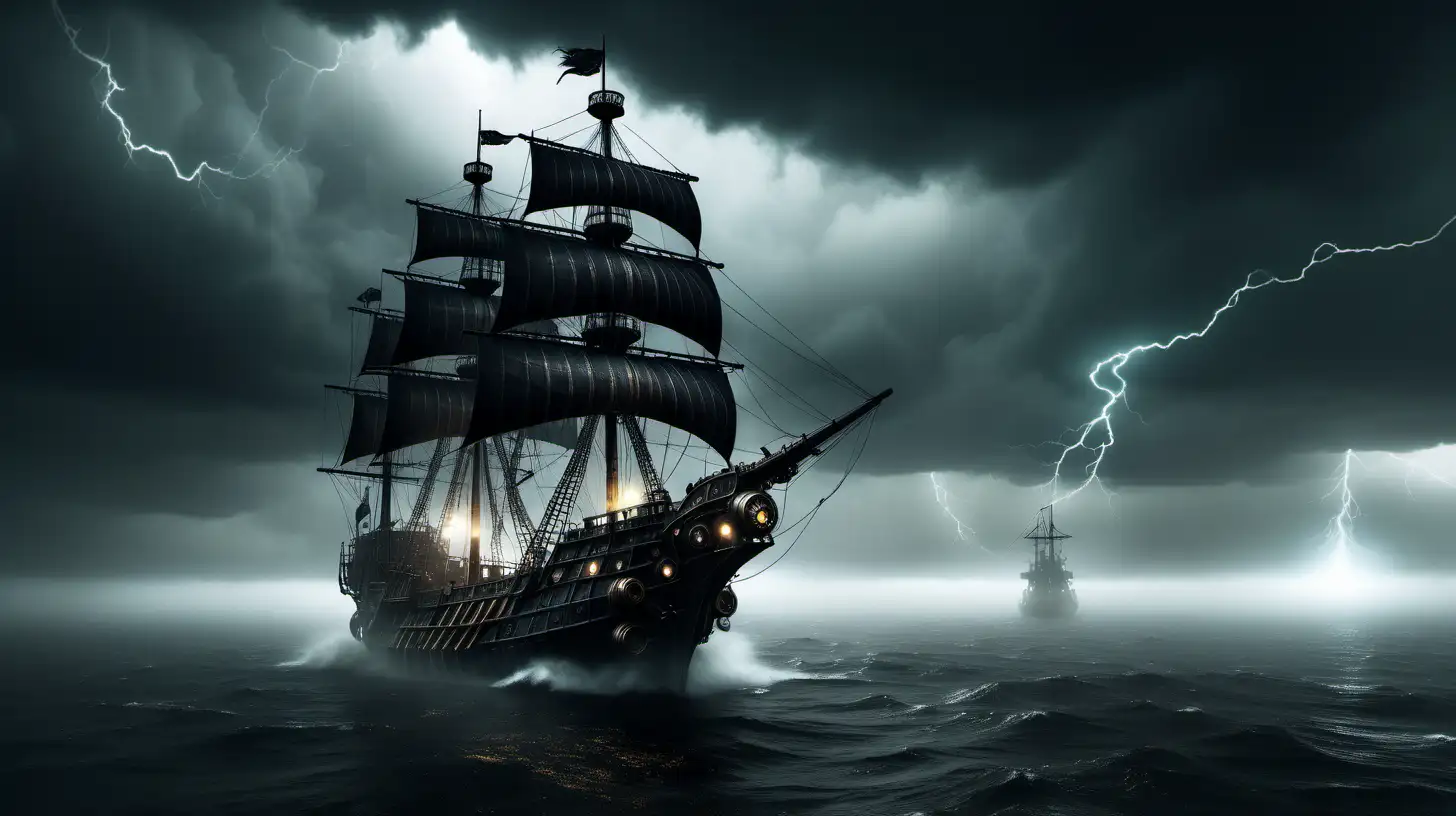black lone steampunk war ship on a misty ocean, lighting, thunder