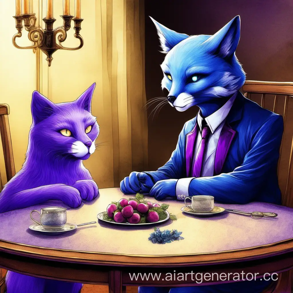Фиолетовый кот сидит с голубой лисой за столом