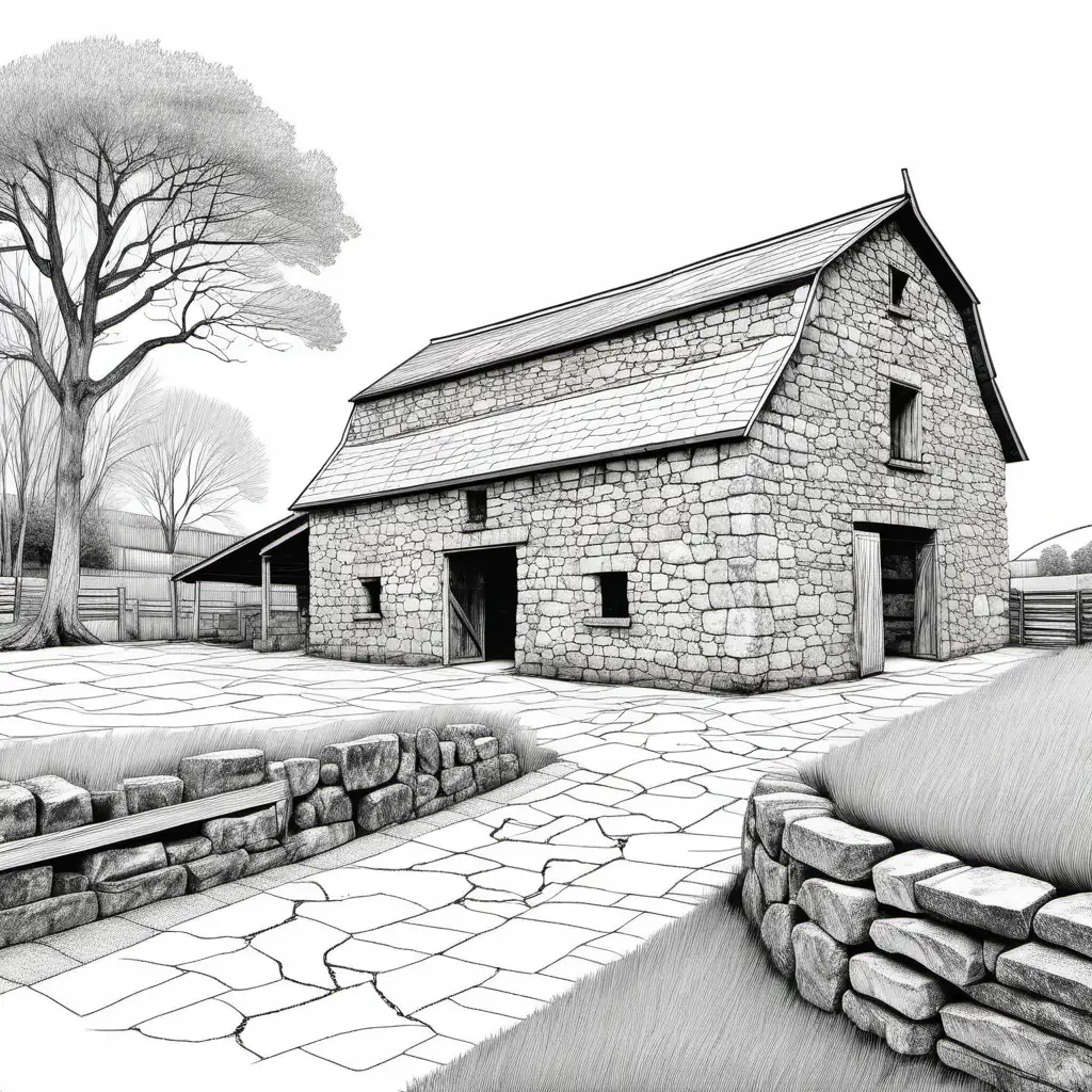 black and white line drawing of a stone barn