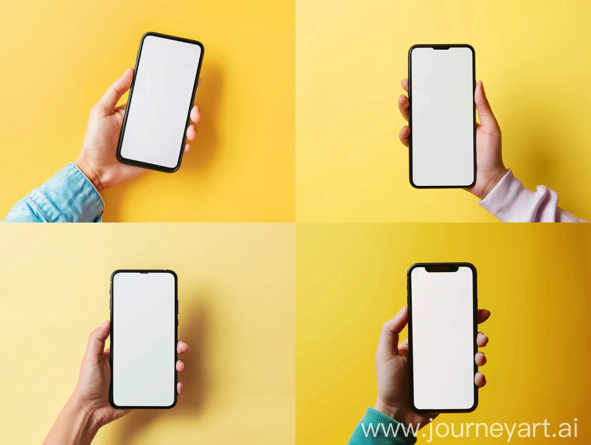 Hand holding smartphone mockup of blank screen on yellow background