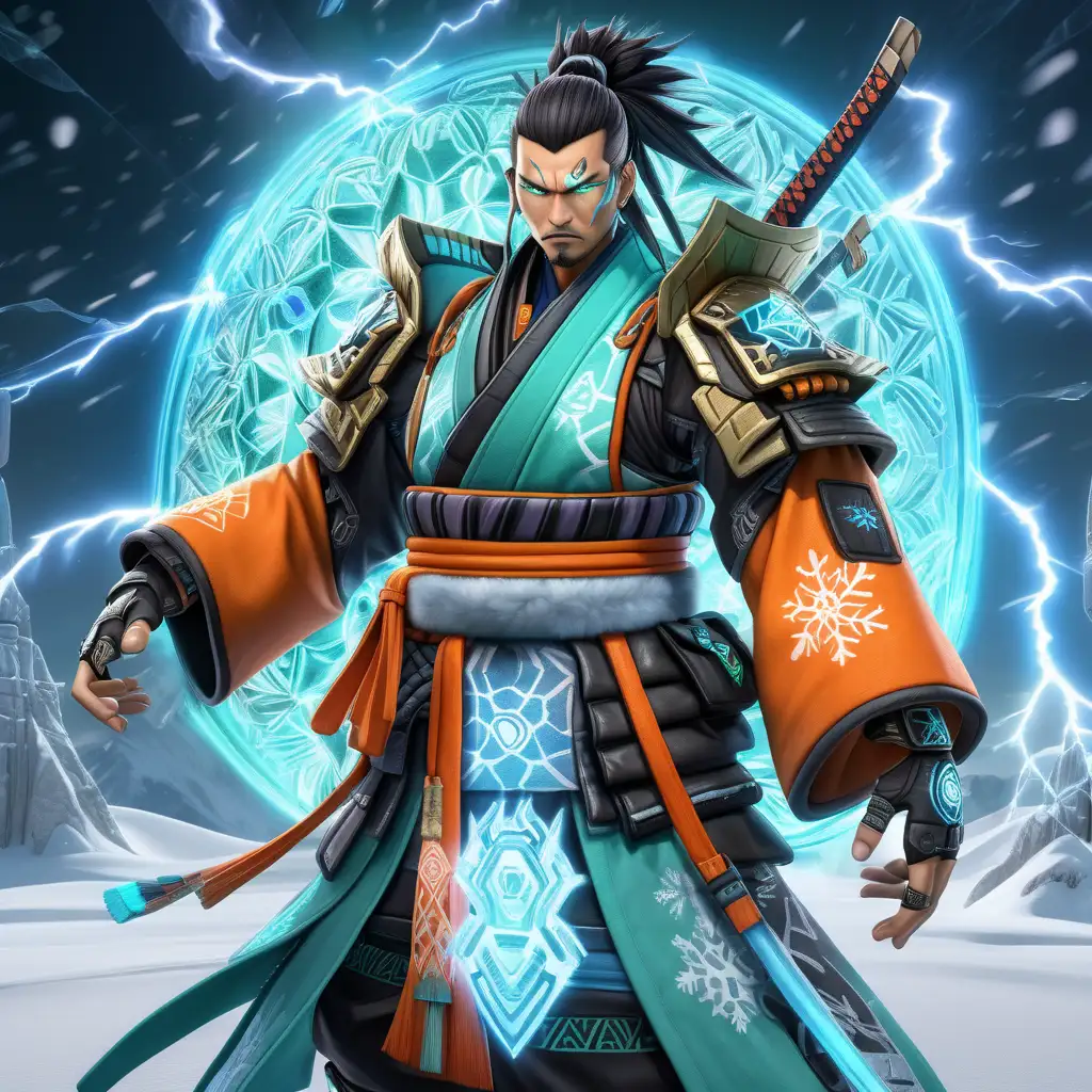 high definition simulation of a video game world boss character creation screen with cyberpunk Samurai ninja with anime hair With glowing lightning fists wearing a beautiful frozen kimono with green black and orange blues snow sacred geometry and armored shoulder guards