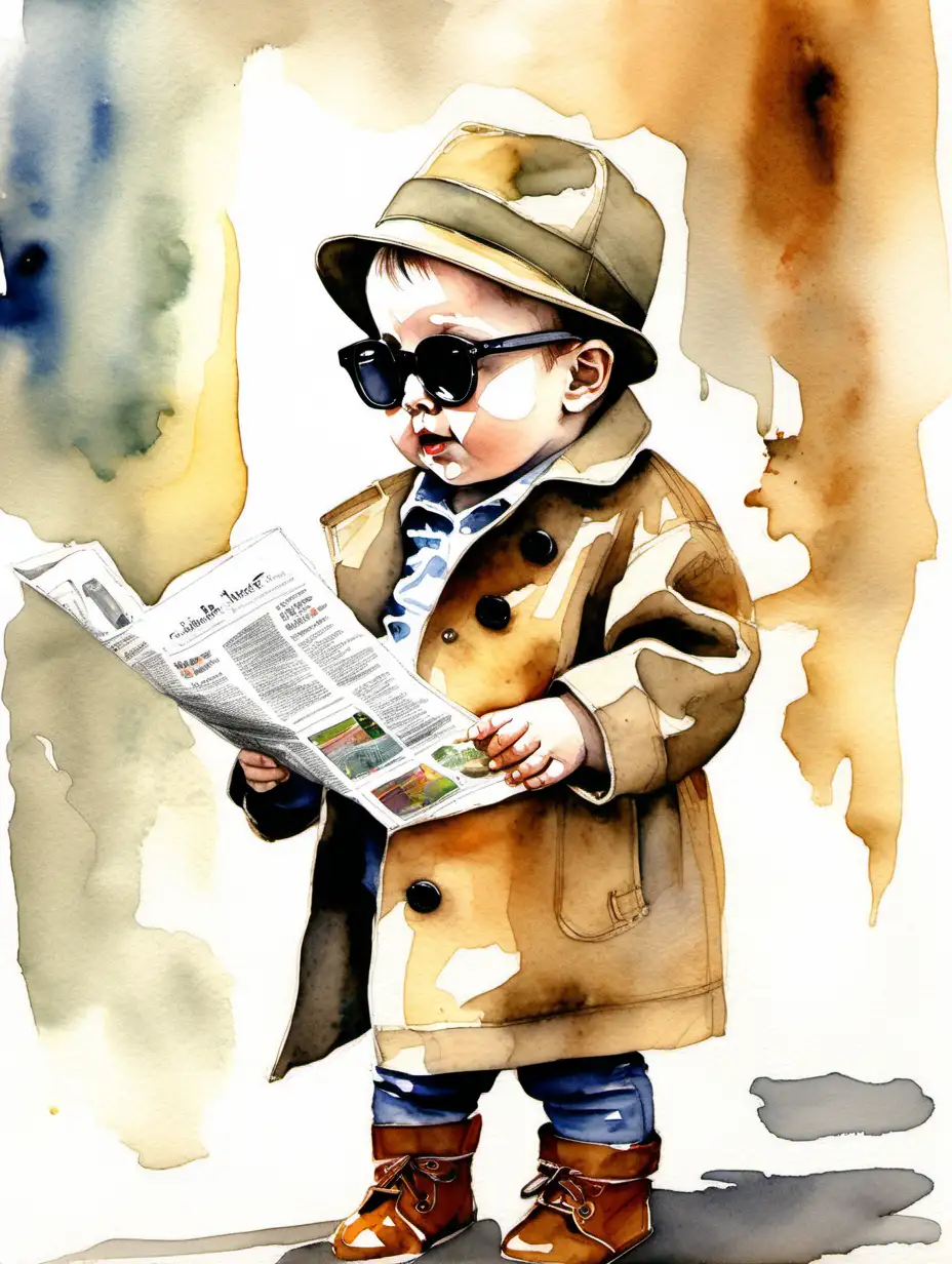 Adorable Baby in Sunglasses and Trenchcoat Reading Newspaper Nursery Watercolor Art