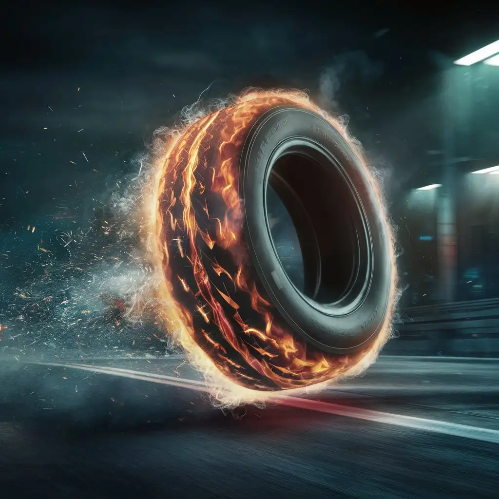 A tire running fast on the road, so fast that it's catching fire.