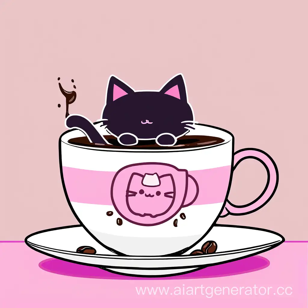 Pink-Cat-Sitting-in-White-Cup-on-Saucer-with-Coffee-Bean-Illustration