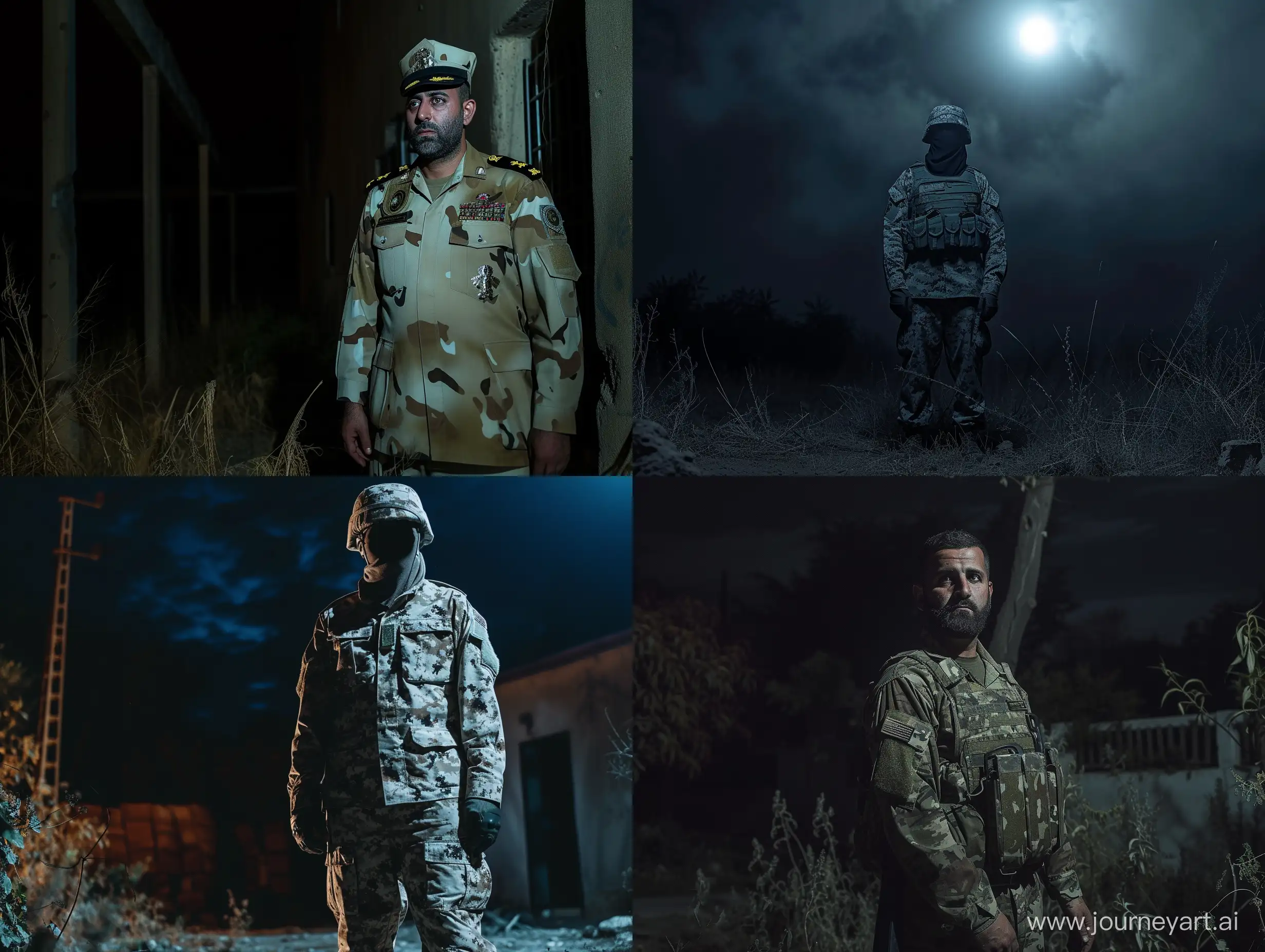 Iranian soldier, in scary night, ghosts, real image, detailed, full length, wearing Iranian soldier's uniform
