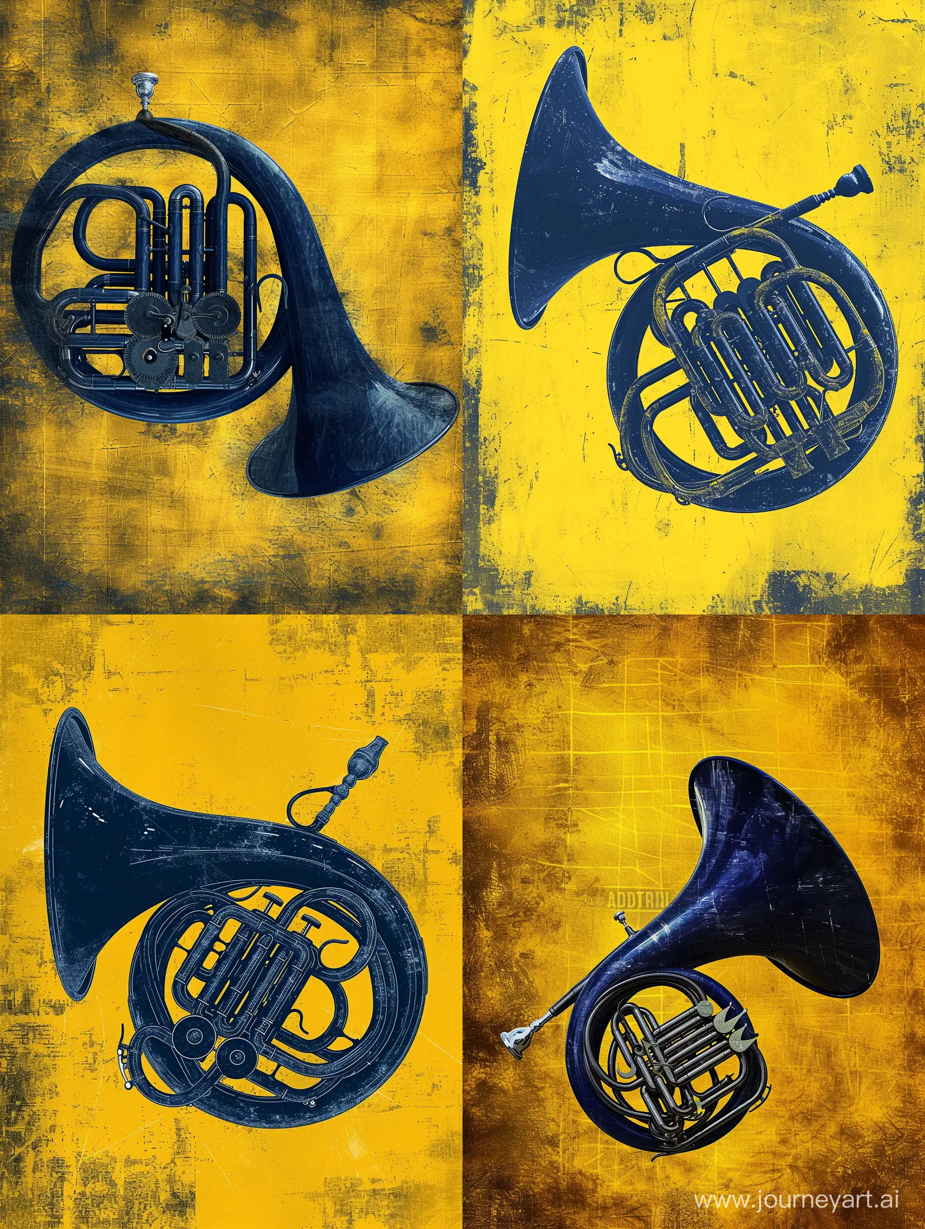 Elegant-Dark-Blue-French-Horn-Art-on-Textured-Yellow-Background