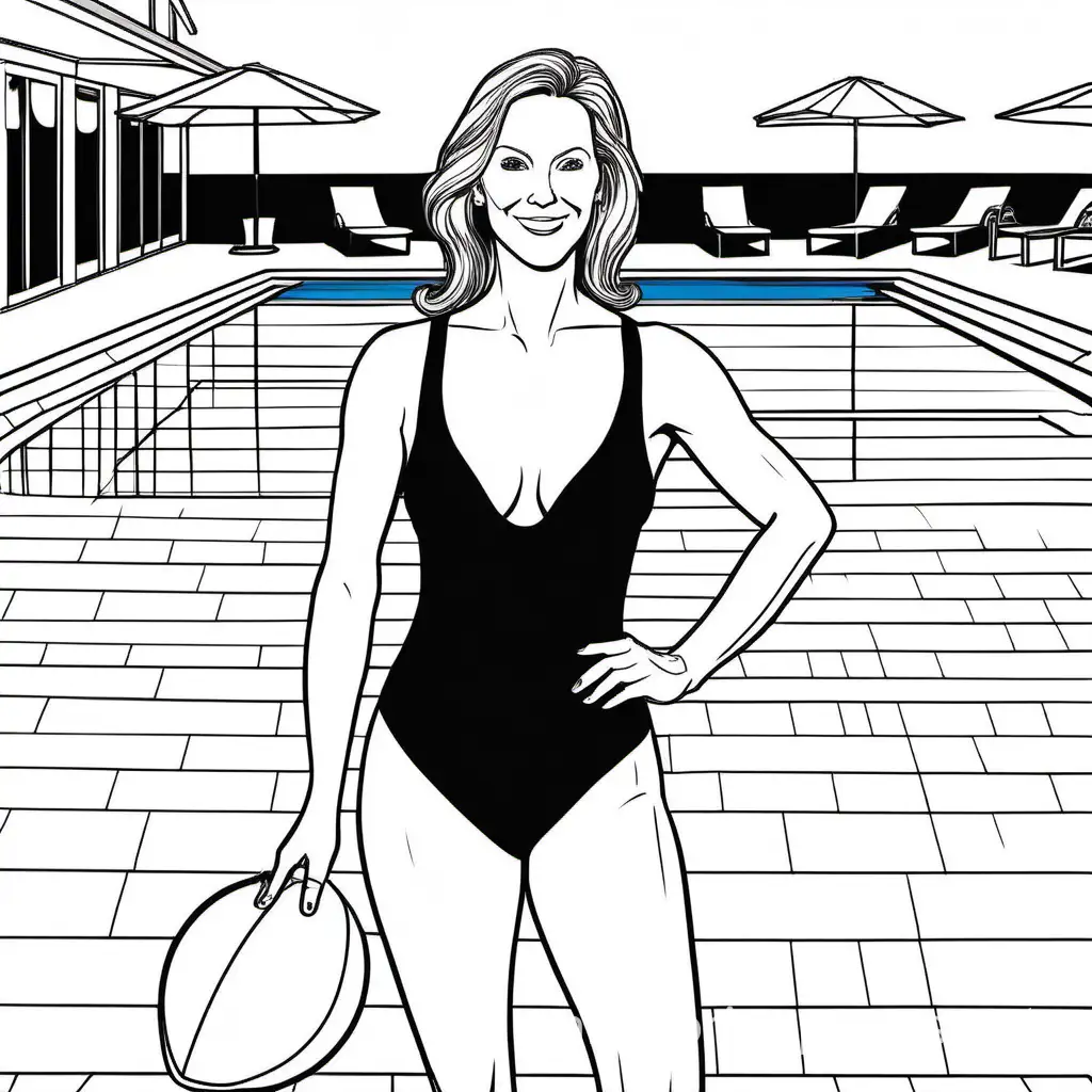 tall, attractive, mature, 50-year-old, female, in a one-piece swimsuit, at the pool, Coloring Page, black and white, line art, white background, Simplicity, Ample White Space. The background of the coloring page is plain white to make it easy for young children to color within the lines. The outlines of all the subjects are easy to distinguish, making it simple for kids to color without too much difficulty