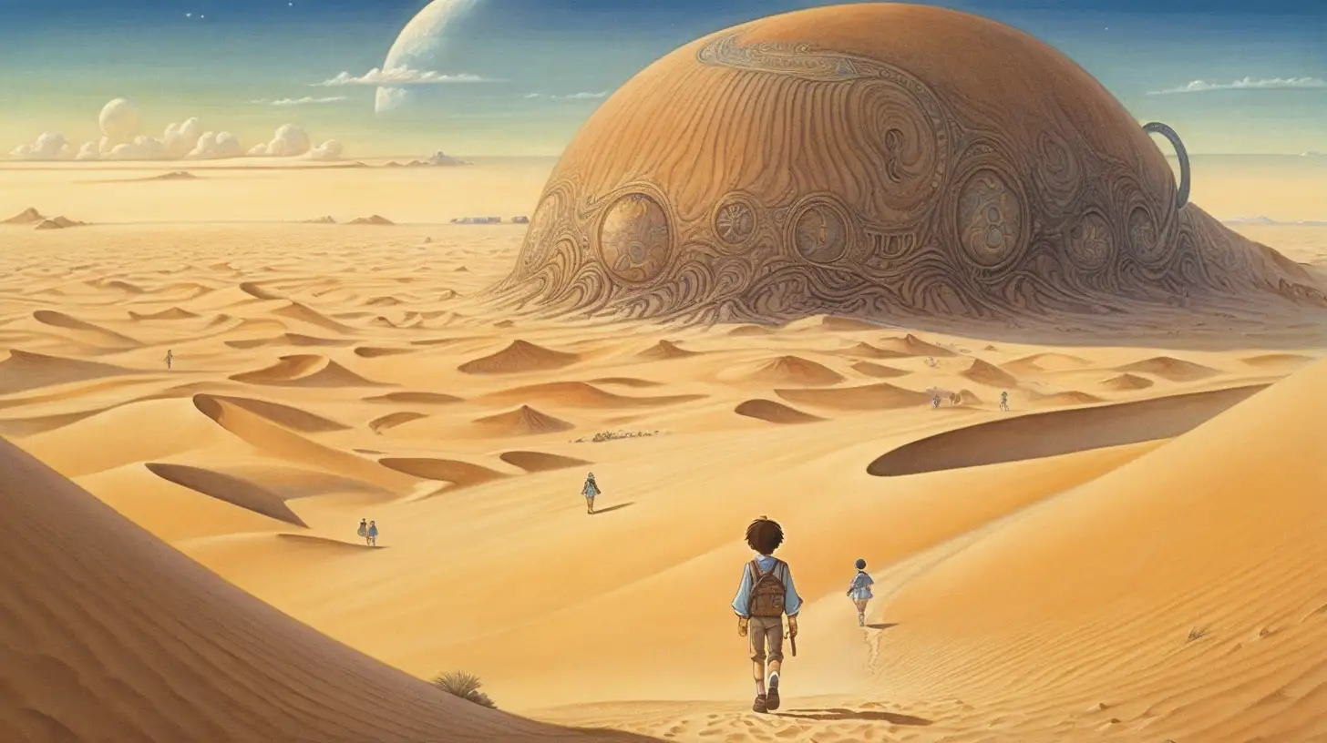 a boy with brown hair, beauiful illustration of fantasy, wonderland, dune, walking trough a desert, wide angle, soothing, dark, dreaming, music, amazing detailed game poster, Hayao Miyazaki --ar3:2 --niji 5