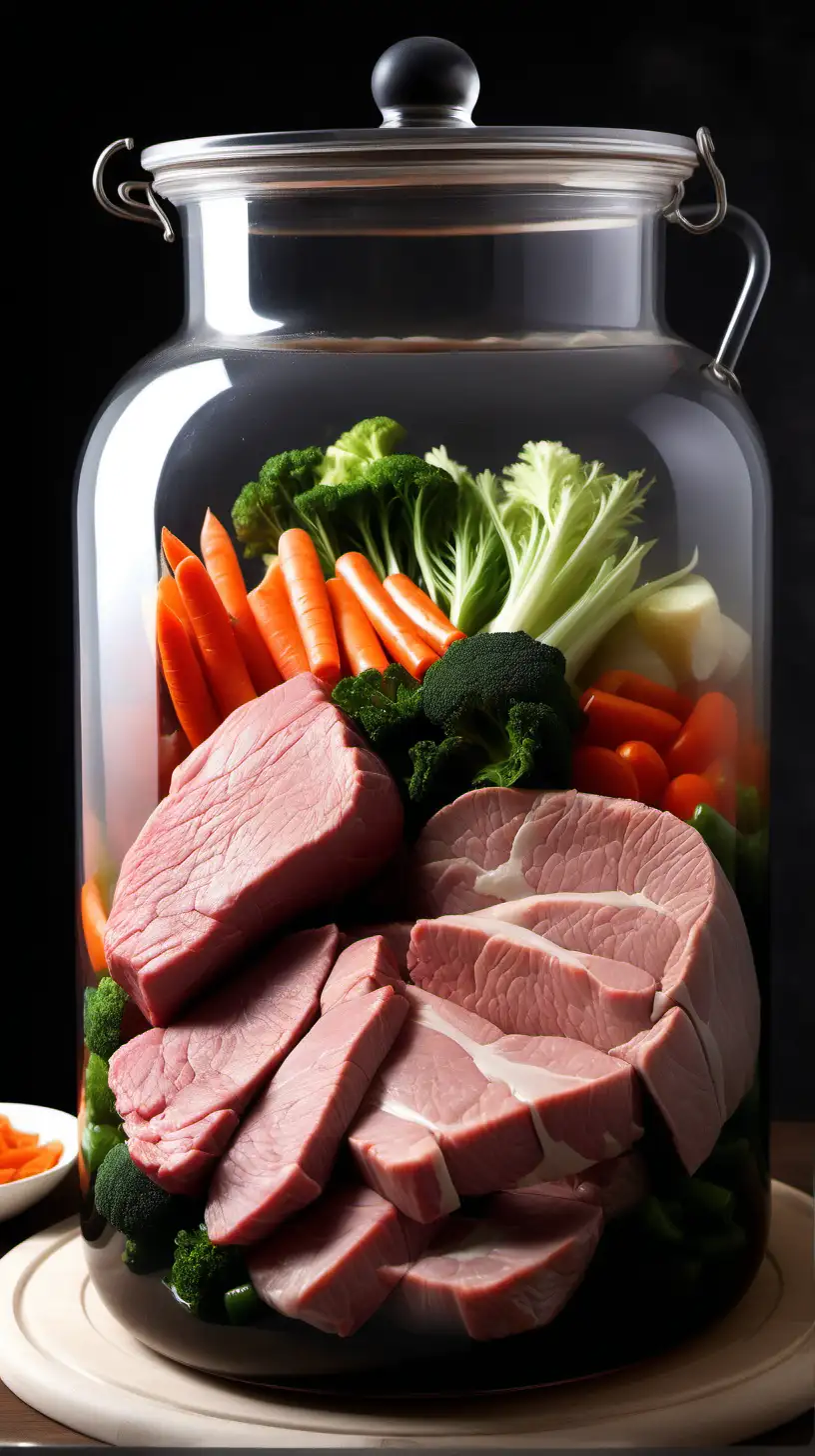 create an image of large glass pot in which some pieces of meat and some vegetables in vinegar are preserved in sour whey