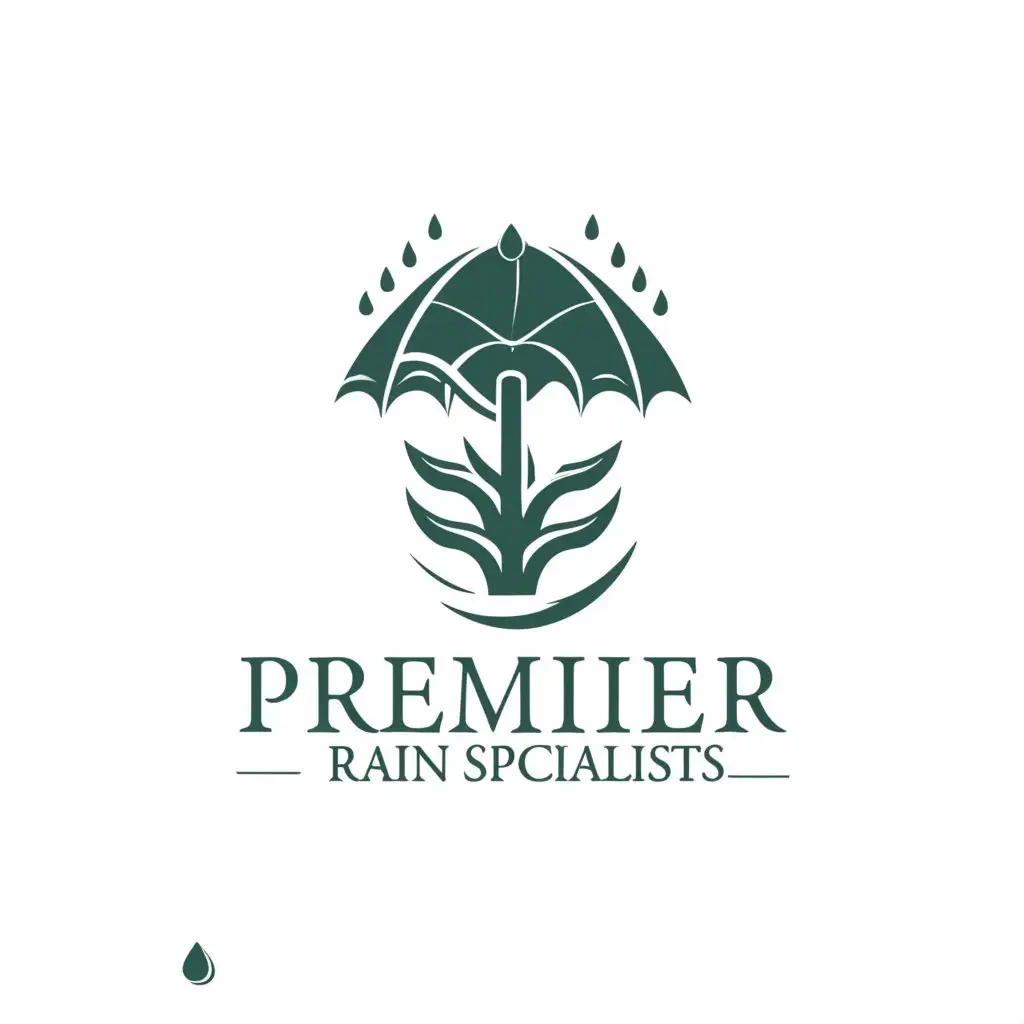 a logo design,with the text "Premier Rain Specialists", main symbol:Palm tree with leaves shaped like an umbrella,Minimalistic,clear background