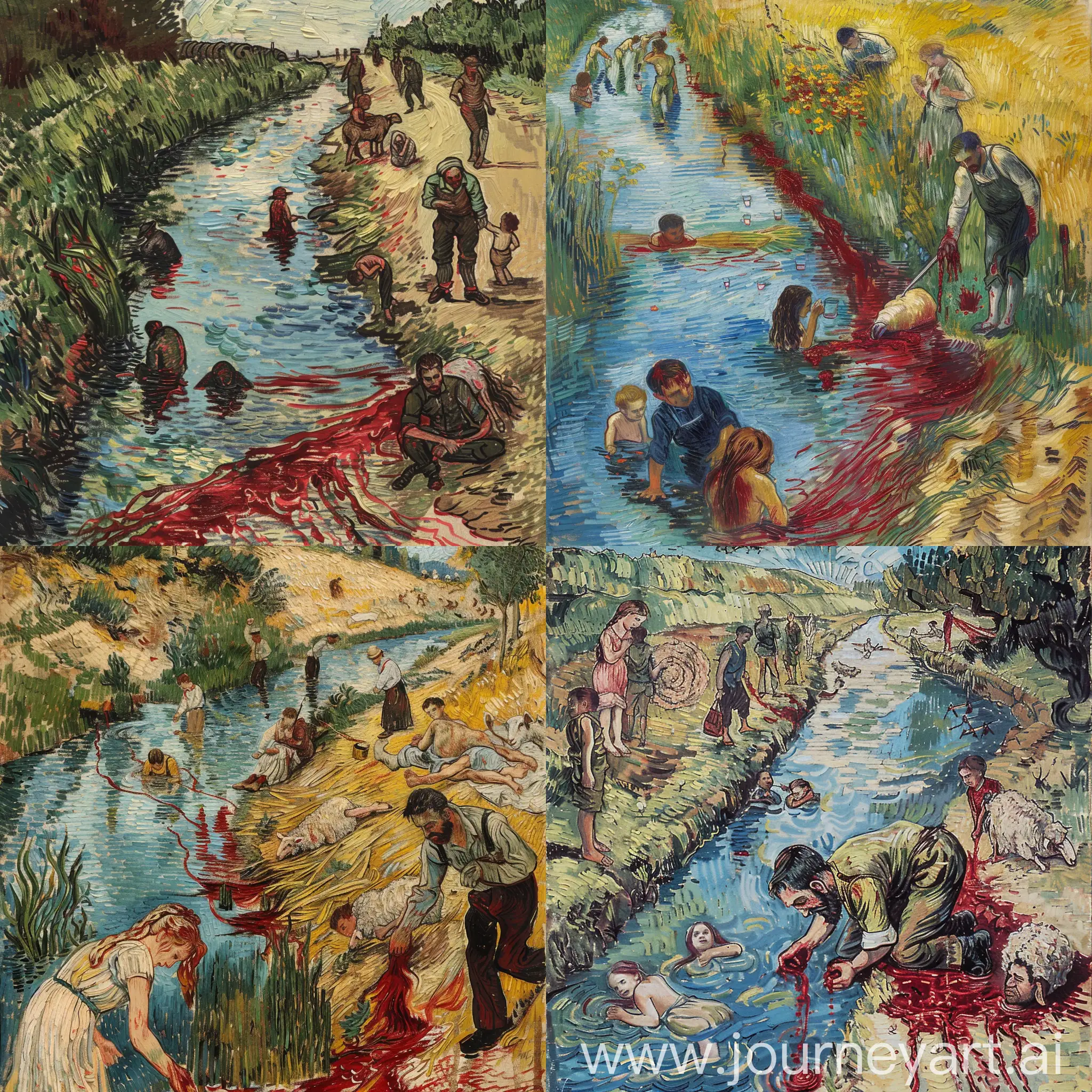 La passion de Van Gogh , au lieu du passage une rivière , sur la côte droite un homme en train d'égorger un mouton pour fêter Eid al-Adha et le song coule dans la rivière et des enfants qui jouent , et sur la côte gauche narcisse en train de voir son reflet, des soldats en train de boire du rivière et une femme qui dense l'orientale avec des cheveux longs extesion de la rivière