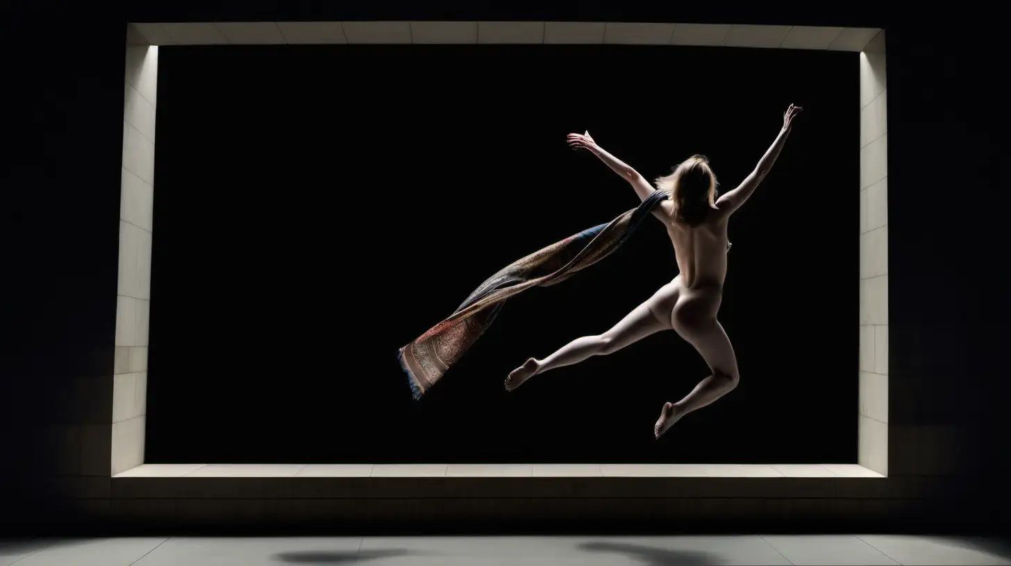 Nude wearing scarf jumping through window into dark background of art museum gallery