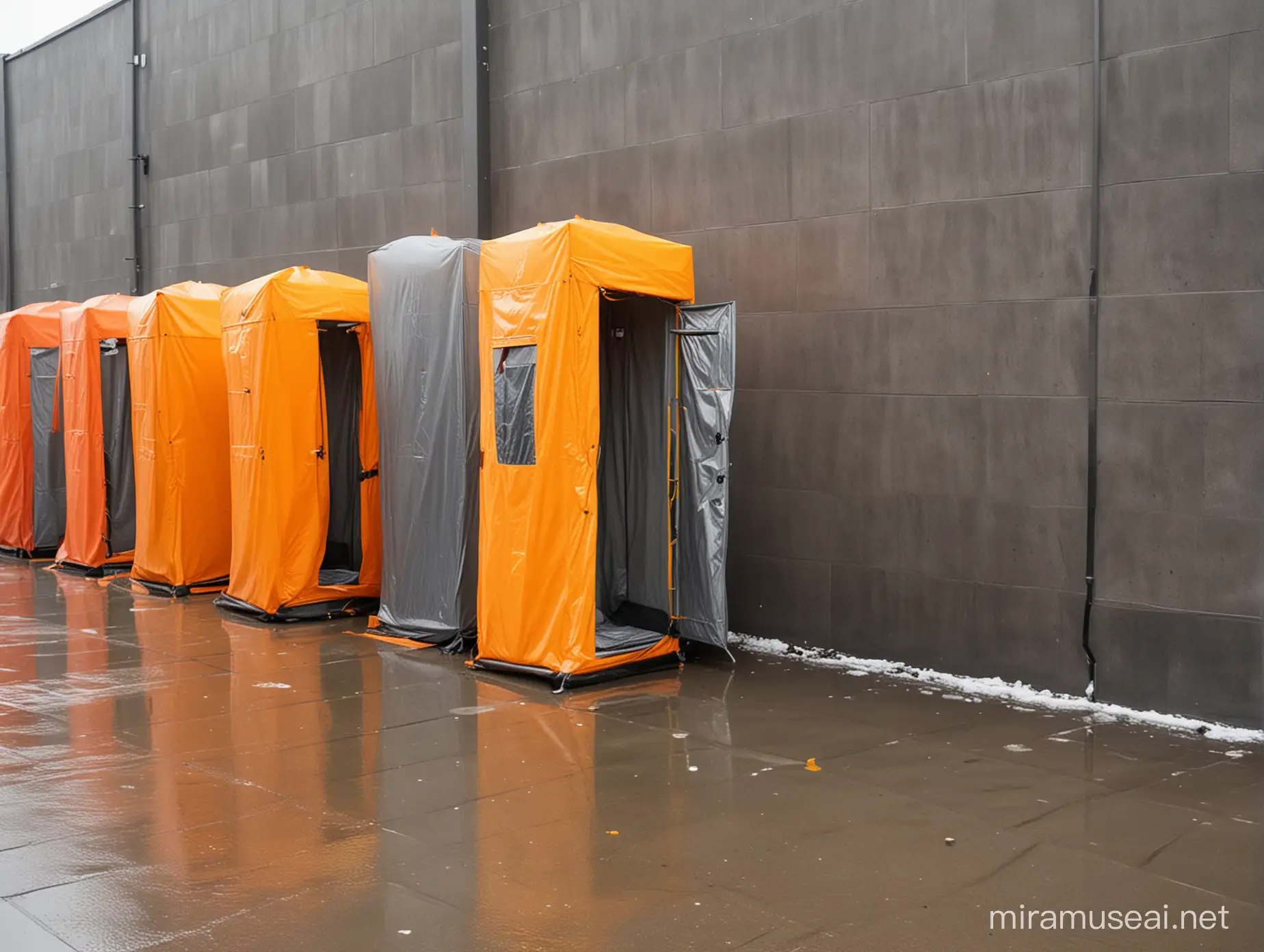 pop up showers colored orange and yellow for the homeless
