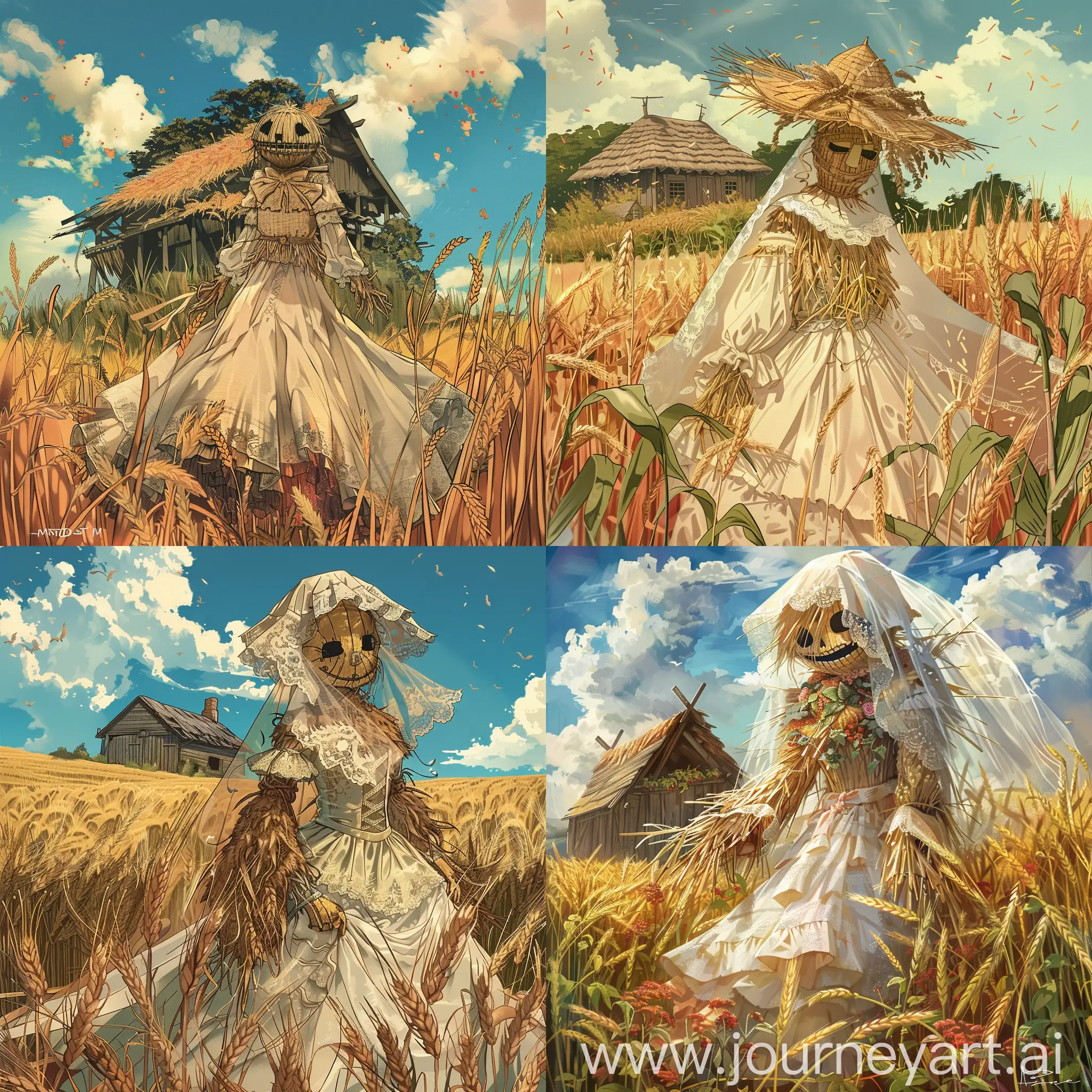 book cover of an story named "the straw bride", a scarecrow dressed in a wedding dress surrounded by a wheat field and with a hut behind, digital art, comic art