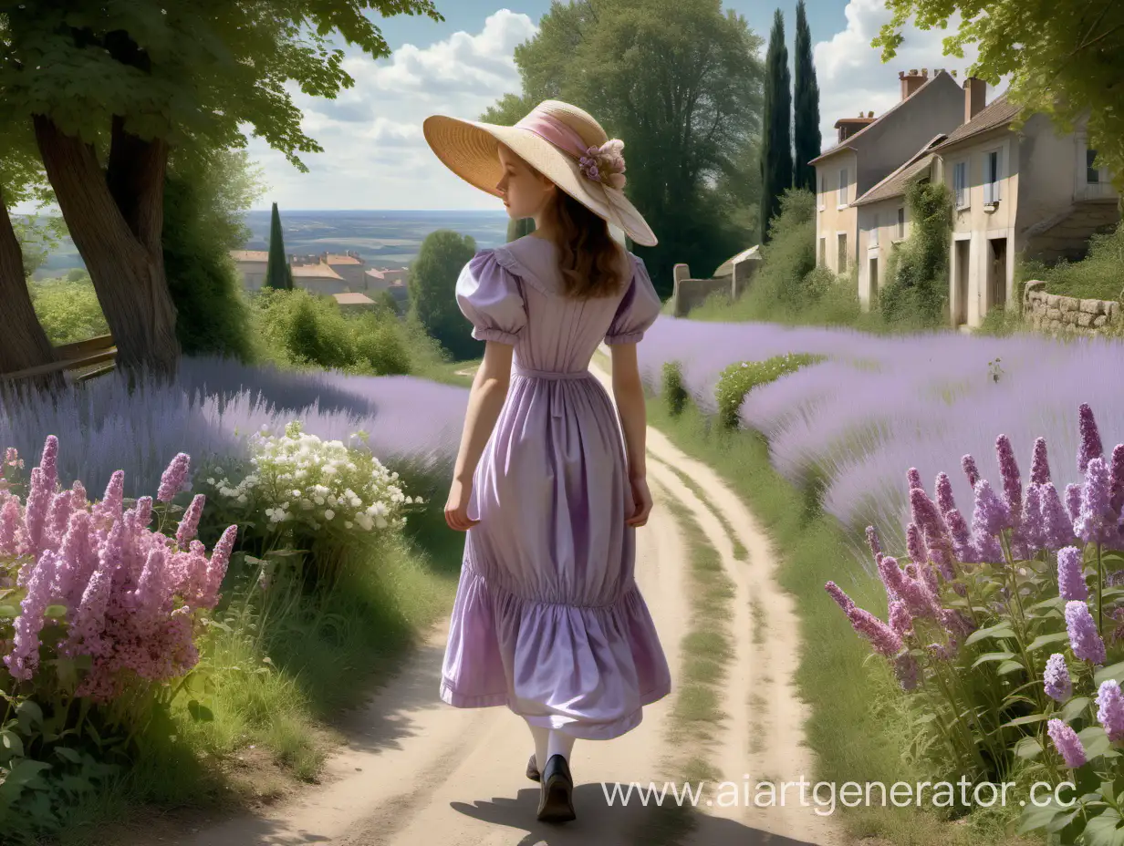 Франция, девятнадцатый век, издалека, по тропинке в мою сторону идет стройная девушка в светло-сиреневом платье и в изящной шляпке, и смотрит в сторону вниз на цветы на обочине. Яркий солнечный день, полноцветное изображение, реалистичные детали