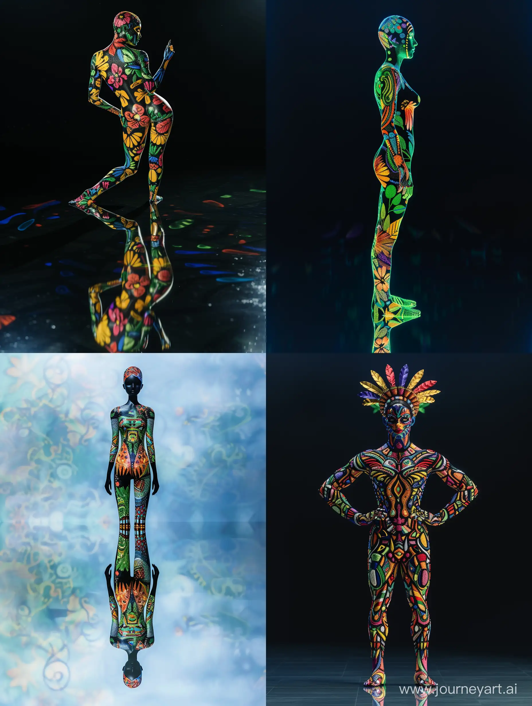 slender full-length model with Brazilian carnival motif, digital art, ultra-realistic photography, high technology, digital, neural network, humanoid, reflection, masterpiece, 32k UHD resolution, high quality, professional photography