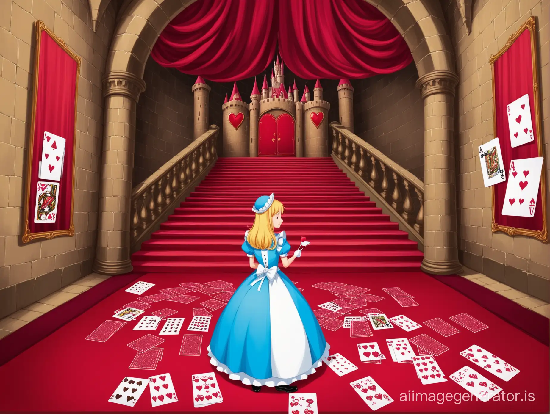 Alice in wonderland painting Roses red scene with soldier cards in Queen of Hearts Castle 