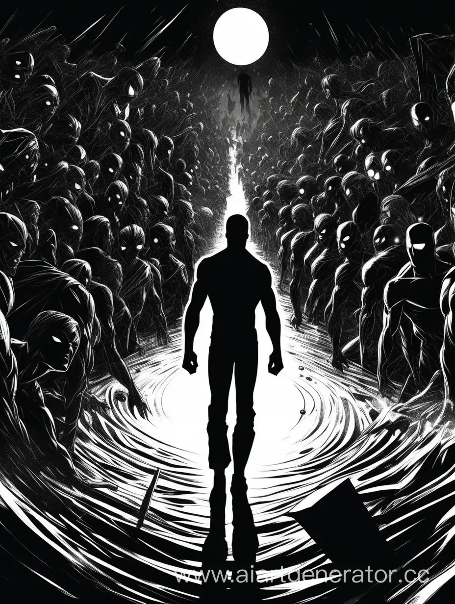 черно белые  силуэты людей проваливаются под пол в темноту   в стиле комиксов Marvel