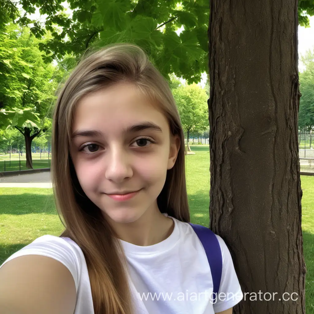 15 летняя девушка. Селфи, на заднем плане парк и дерево. Опирается о дерево