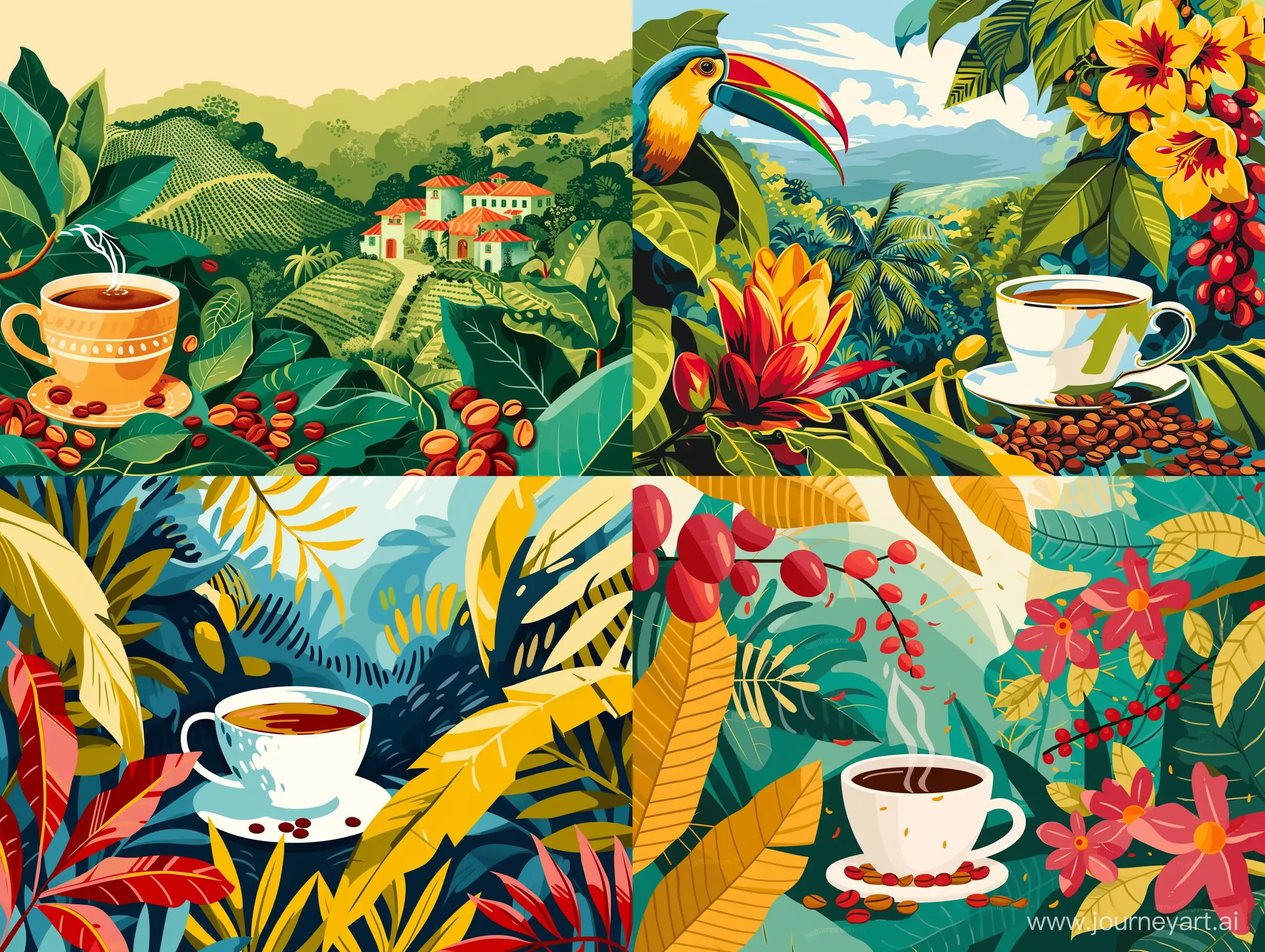 Иллюстрация в стиле современная абстракция чашка кофе, зерна кофе, плантации кофе в Бразилии, природа, растения, животные Бразилии