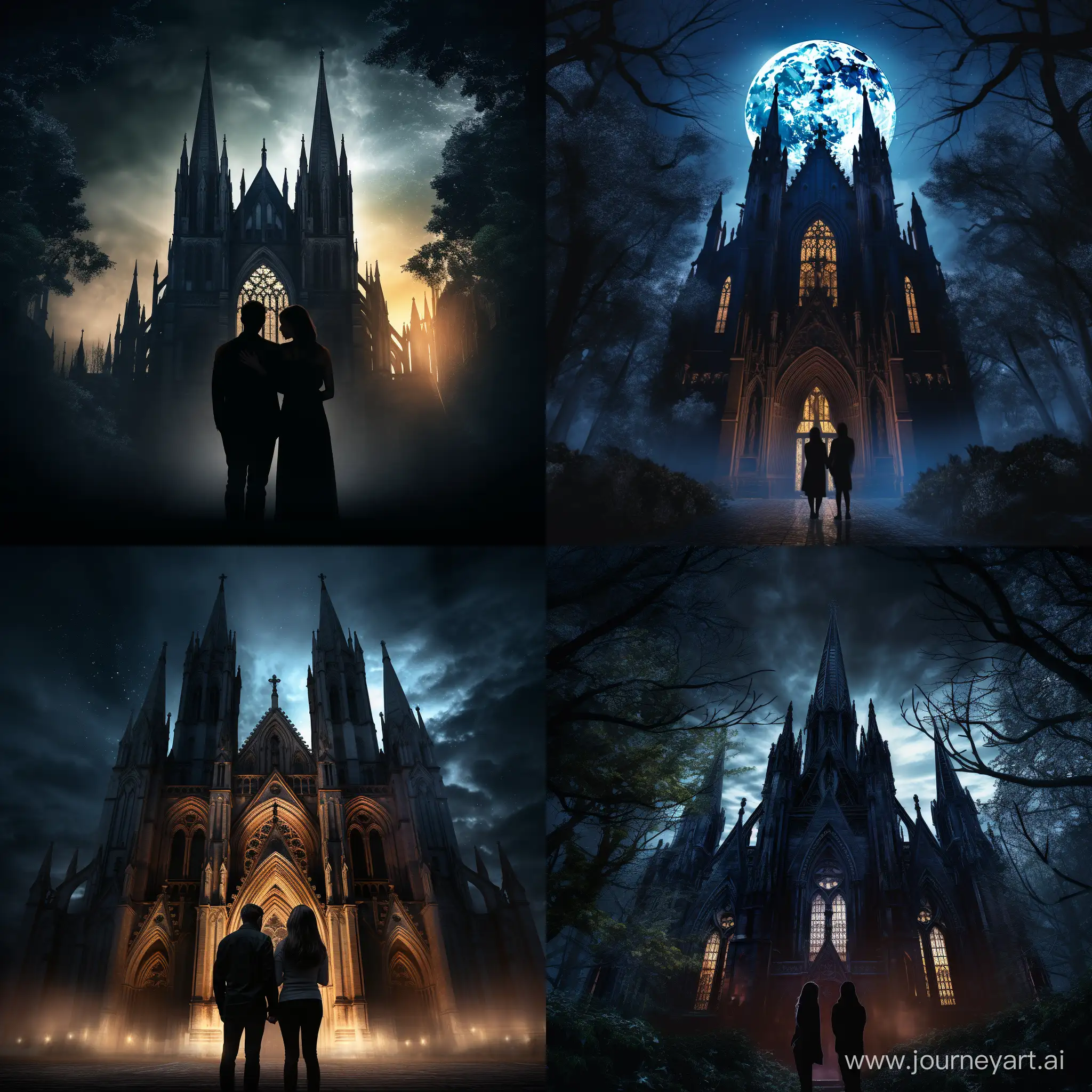 Eerie-Gothic-Cathedral-Embrace-Moonlit-Couple-in-Surreal-Realism