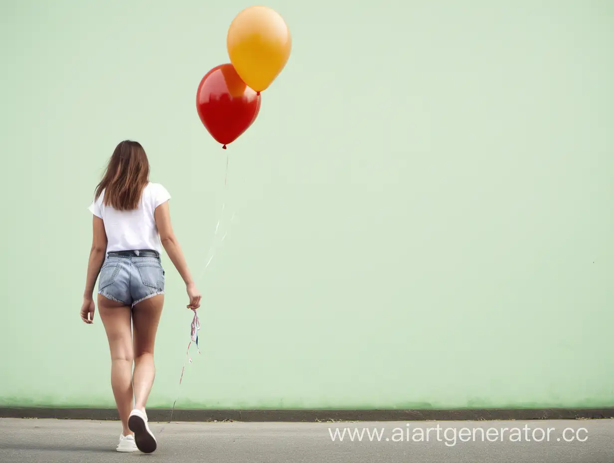 25-year-old woman with a balloon walking. Full-length, rear view, shorts.
