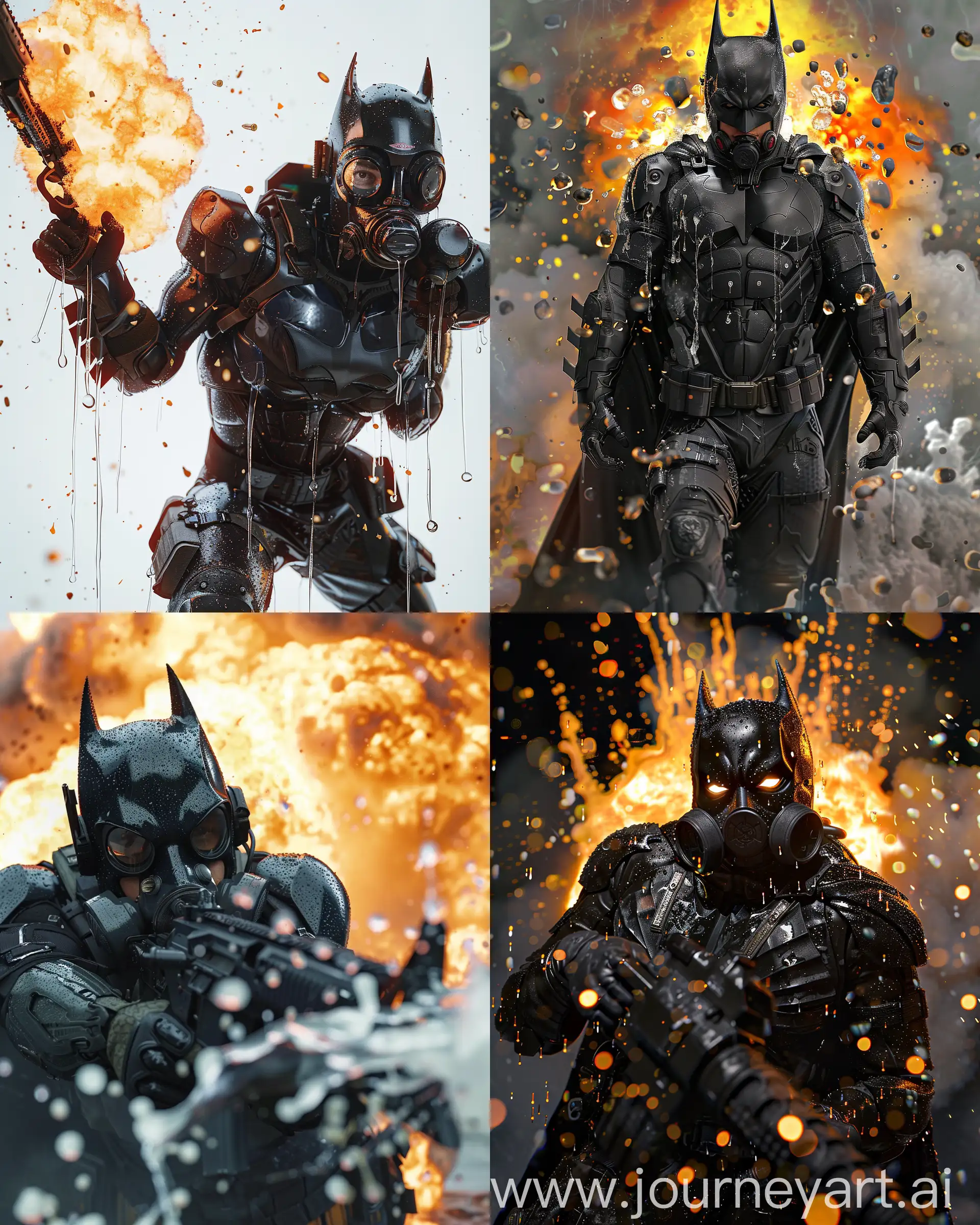 Hyperrealism Futuristic sci-fi high-tech s military soldier as  batman from justice league 2021 as military soldier from call of duty video game with gas mask and advanced weapons and ammunition , resulting in a spectacular explosion within an action-packed cinematic setting reminiscent of a high-budget film, glossy dripping wet body, sport photography, realistic perspective   --stylize 50 --v 6.0 --style raw --ar 4:5