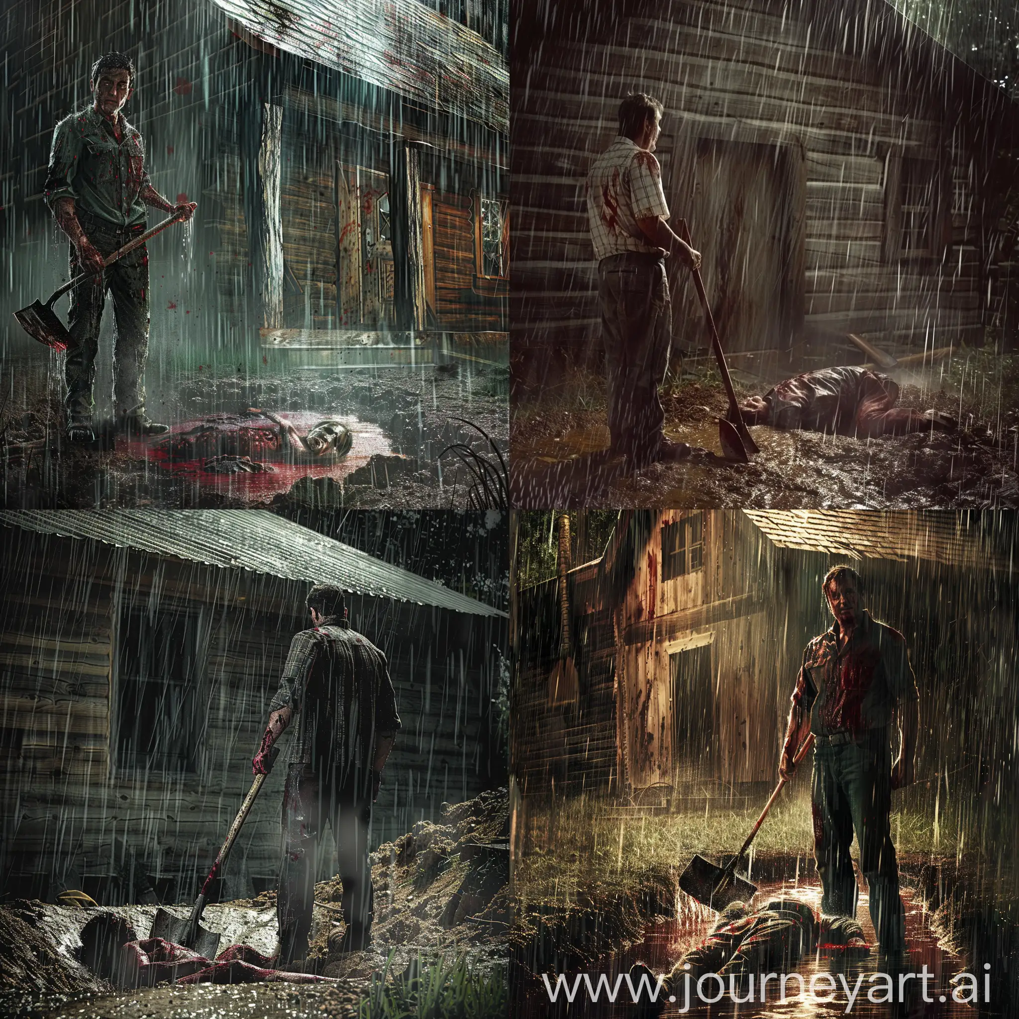 a man holding a shovel stands in the pouring rain, in front of him there is an unfinished dug hole, his clothes are full of red stains, a body laying on the ground,the atmosphere of a wooden house,