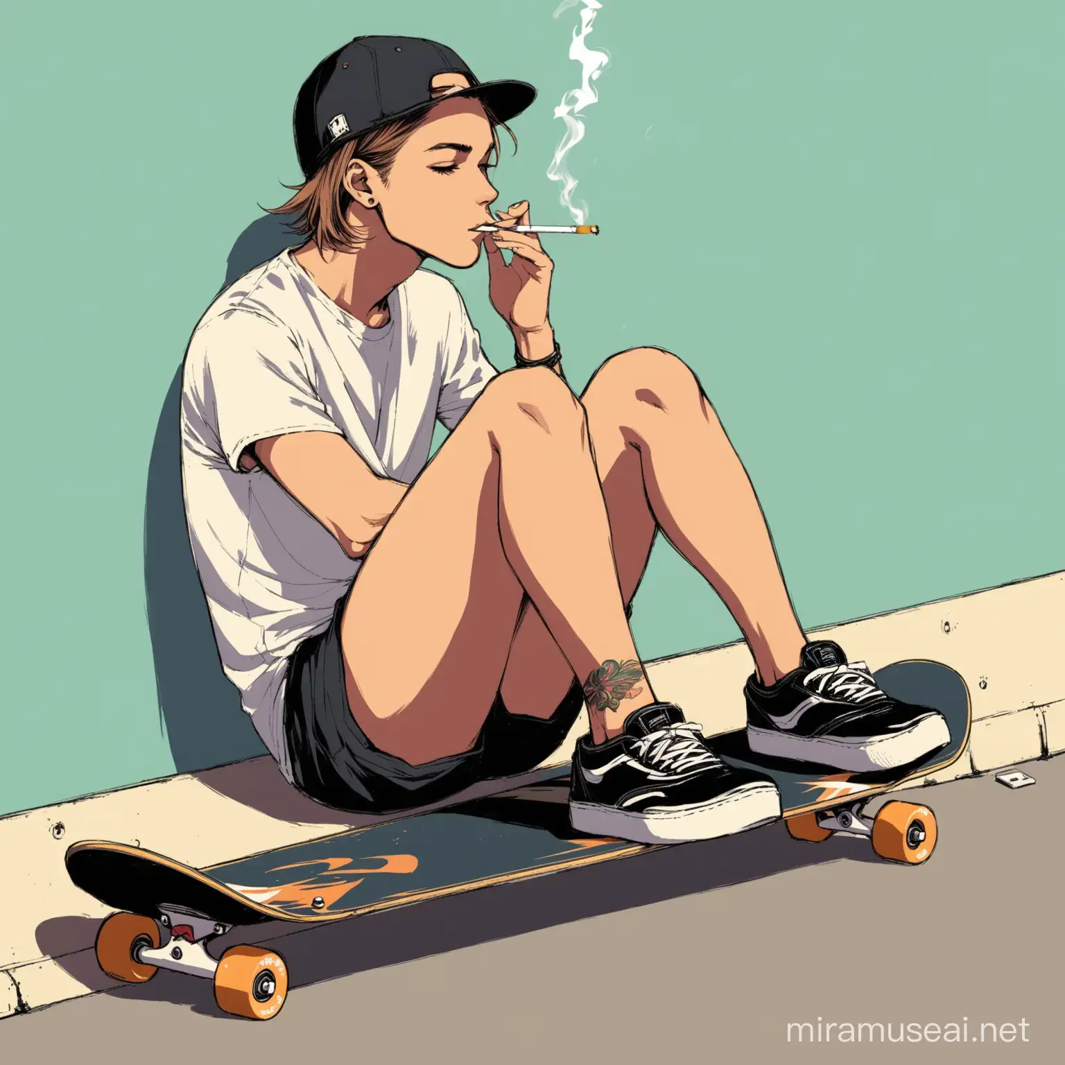 yo sentado en una patineta fumando un cigarro