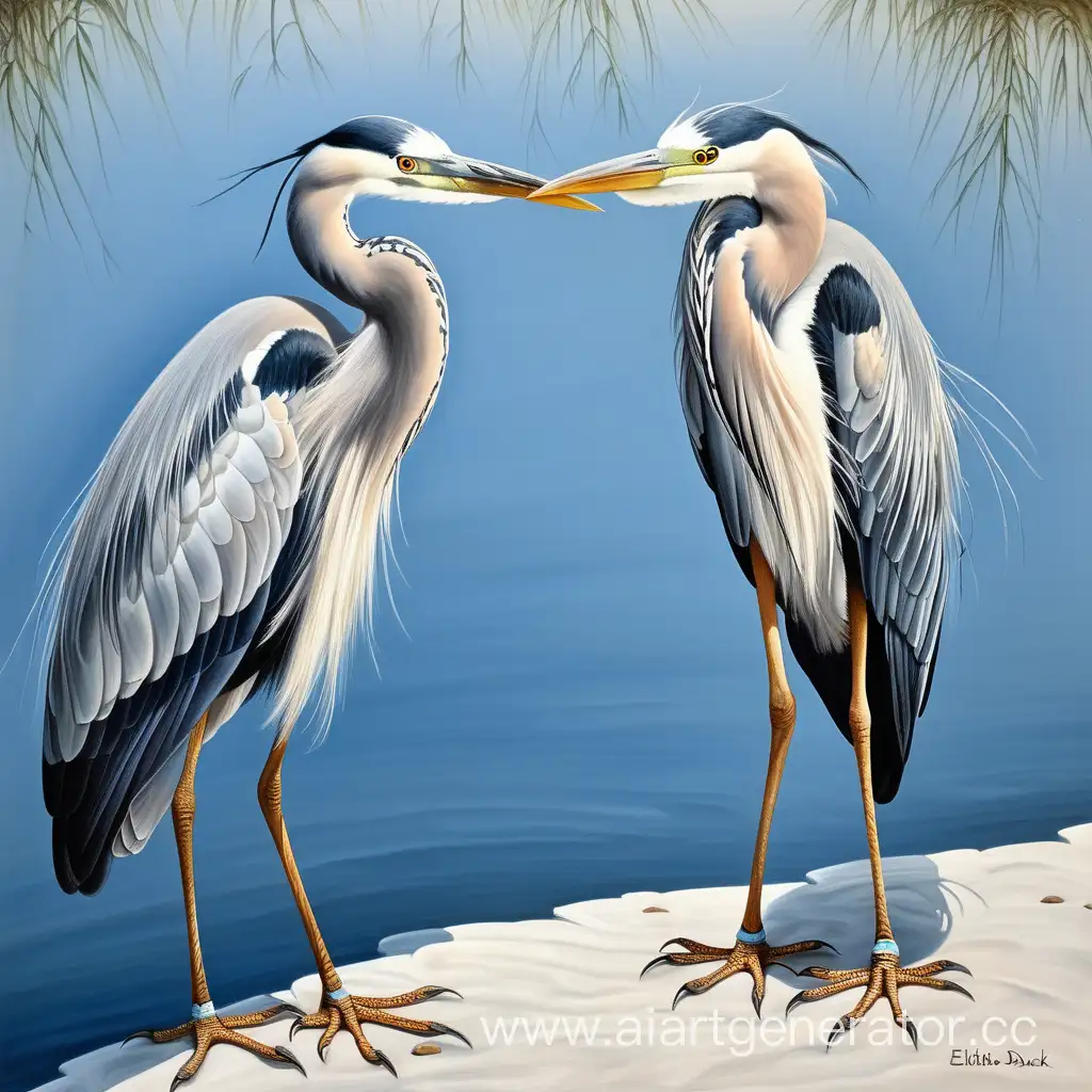 The painting is painted in oil, depicting two herons standing next to each other, a bird's-eye view. , heron, original cg, on a white background, by Elizabeth Durack,, in the style of simplified realism,