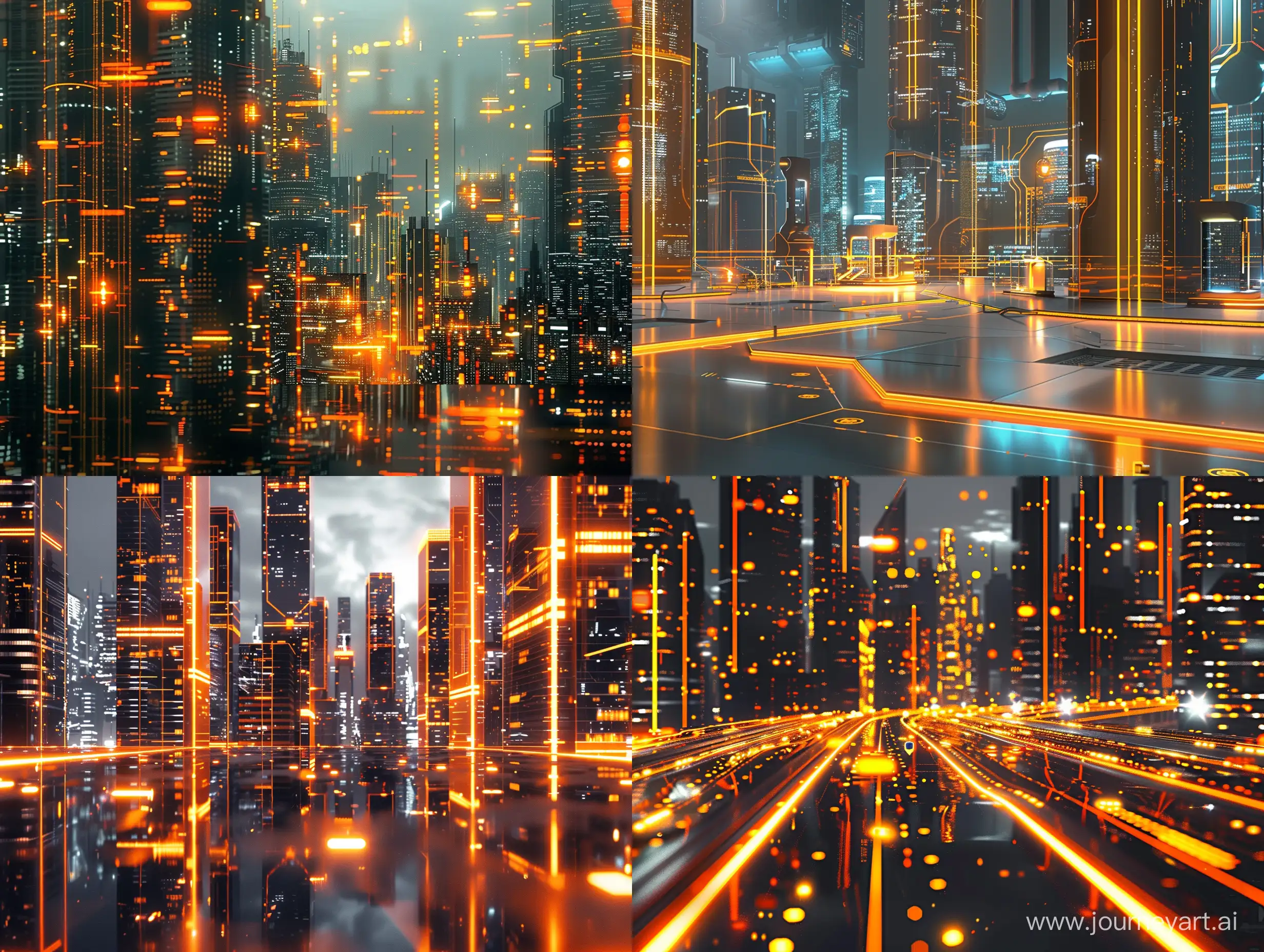 a clean futuristic sci-fi city nighttime setting, very modern and neat, something that doesn't disturb the eye with too much stuff, cyberpunk style but with the orange and gold glowing color theme 