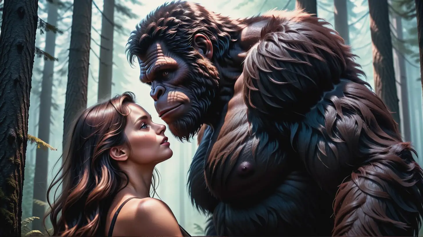 Dark Romance movie poster. A bigfoot and woman who are lovers. Cinematic. Close up.